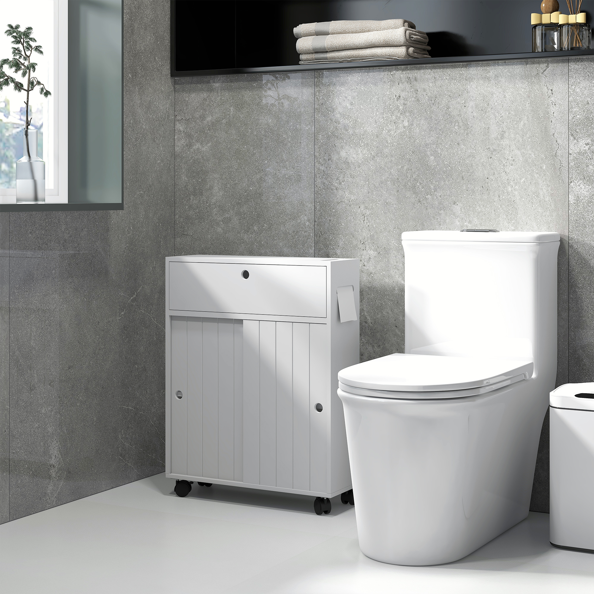Bathroom Storage Cabinet, Bathroom Cabinet with 4 Rolling Wheels and Paper Holes, 20.5" x 6.75" x 26.5", White - Image 5