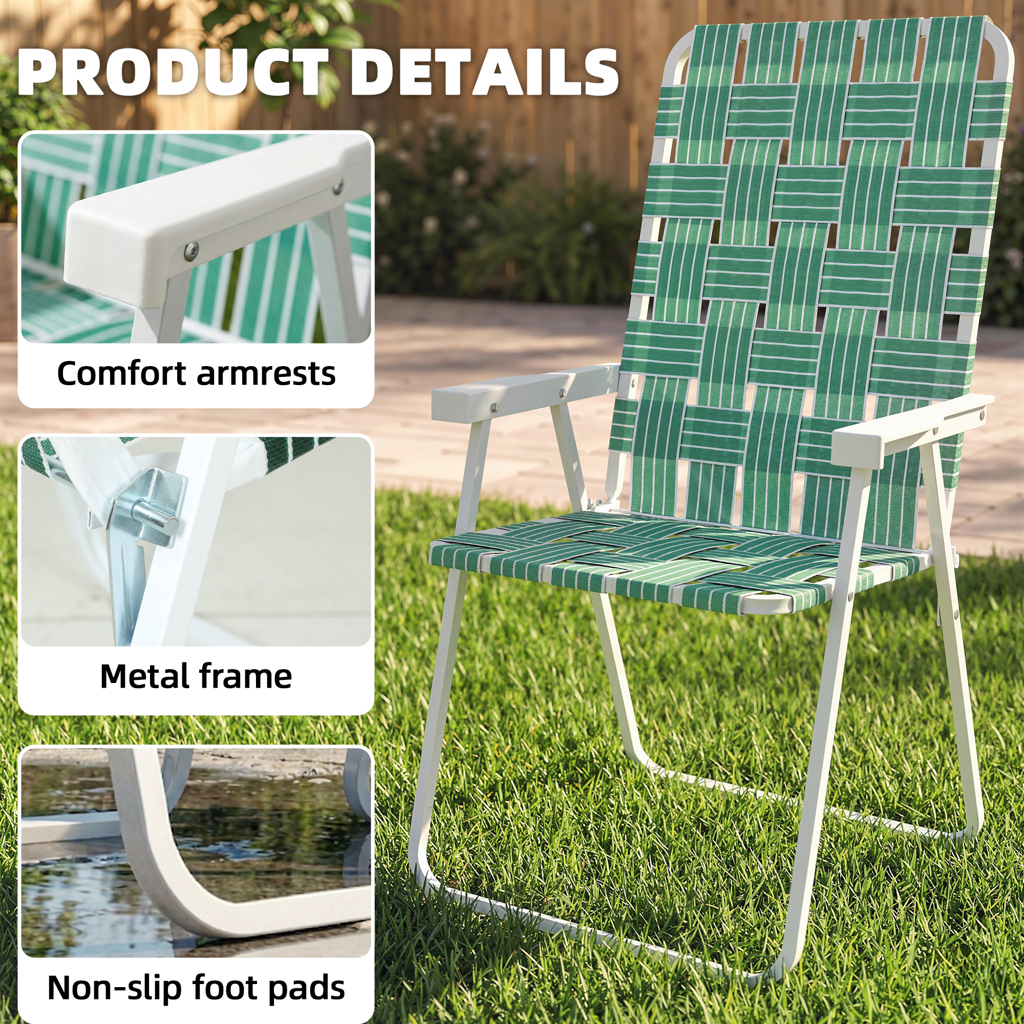 Set of 2 Folding Patio Chairs, Portable Chair Set with Armrests for Camping, Garden, Pool, Beach, Backyard, Green - Image 4