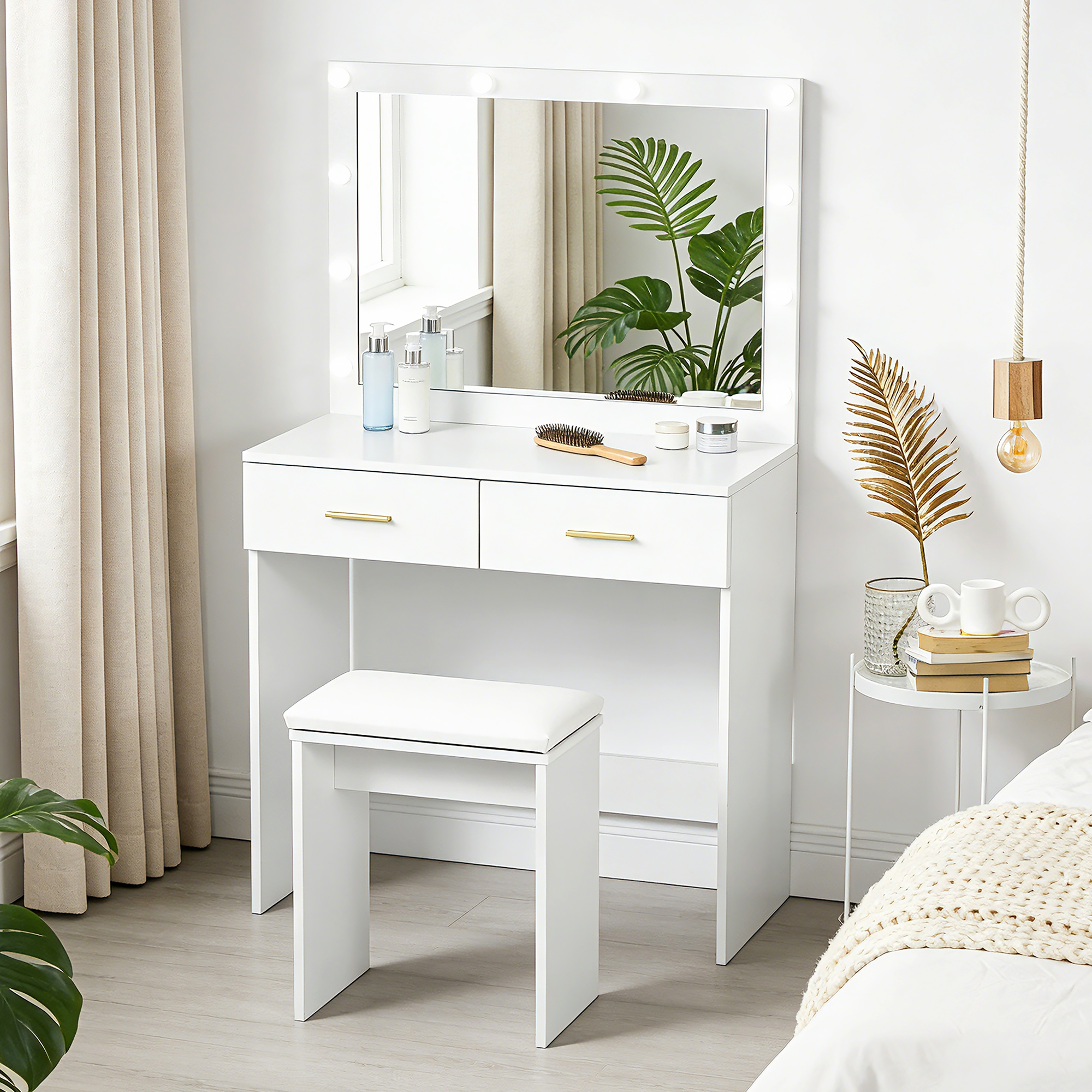 Makeup Vanity Desk Set with Stool, Dressing Table with LED Lighting Mirror, Drawers, for Bedroom, White - Image 2