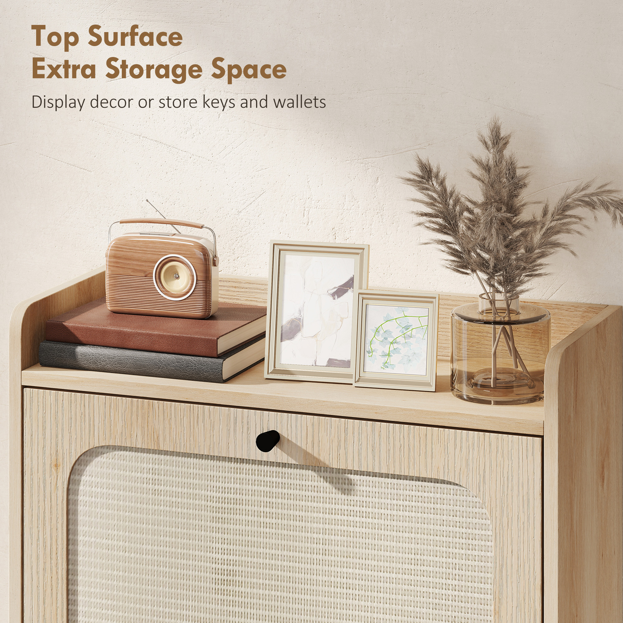 Shoe Cabinet with 2 Flip Drawers, Boho Narrow Shoe Storage Cabinet, Oak - Image 5