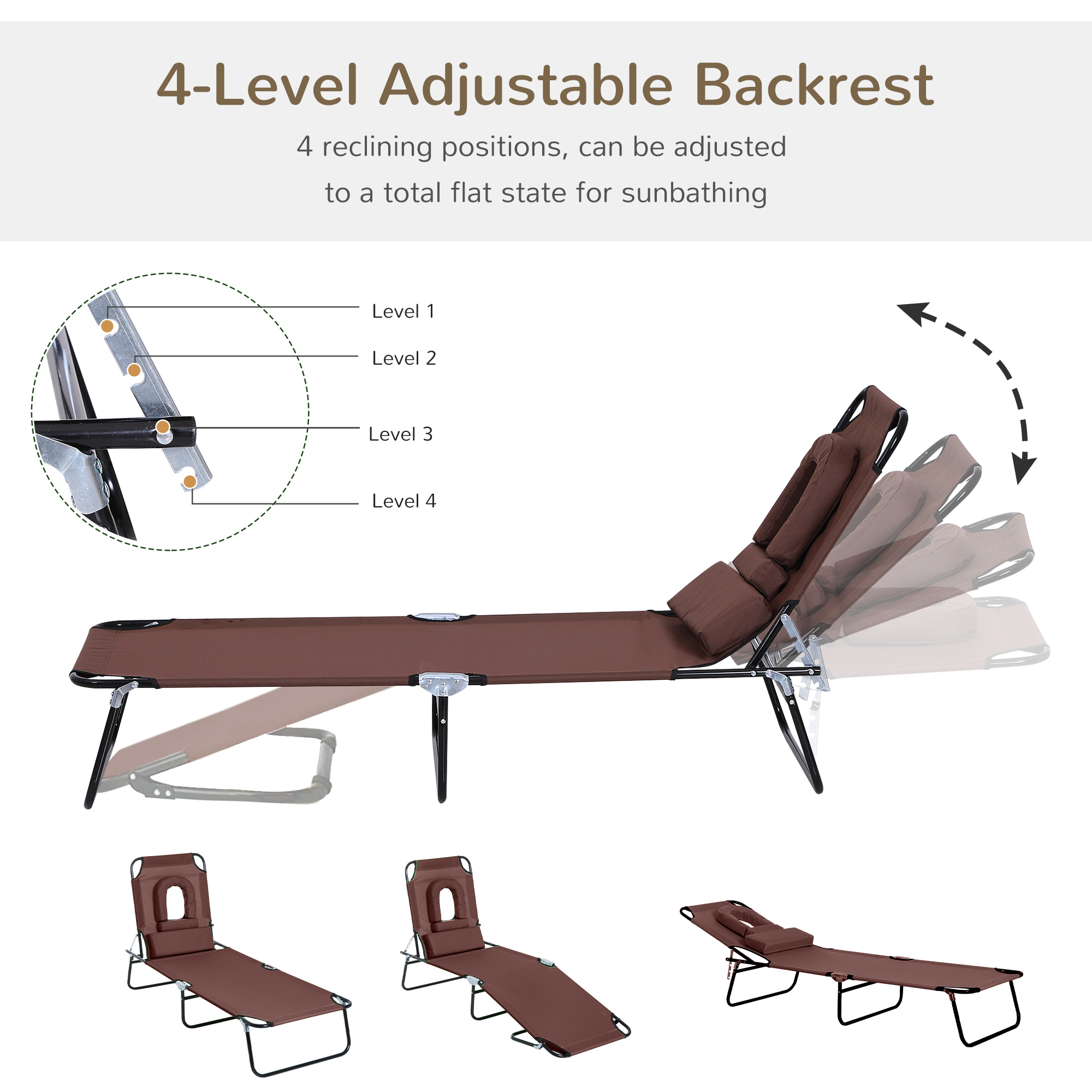 Folding Chaise Lounge Chair, Reclining Beach Tanning Chair with Face Hole, Pillow, 4-Position Adjustable Lay Flat Sun Lounger, Steel Frame for Outdoor Patio Pool, Brown - Image 2
