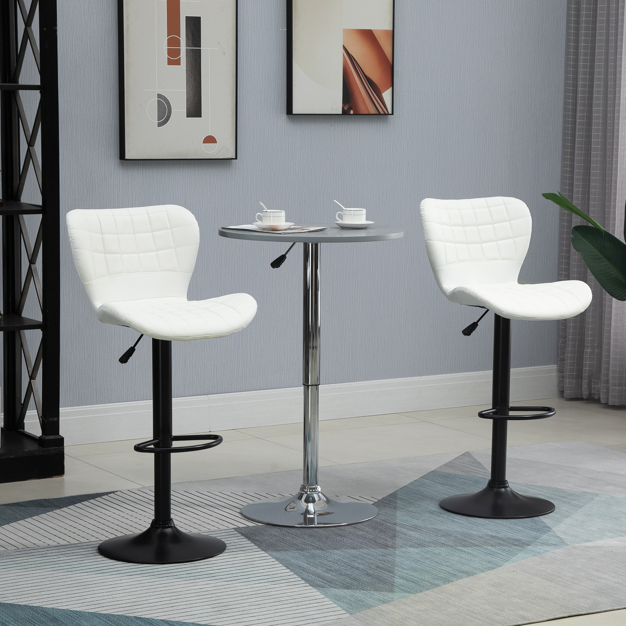 Bar Stools Set of 2 Adjustable Height Swivel Bar Chairs in PU Leather with Backrest & Footrest, White - Image 6