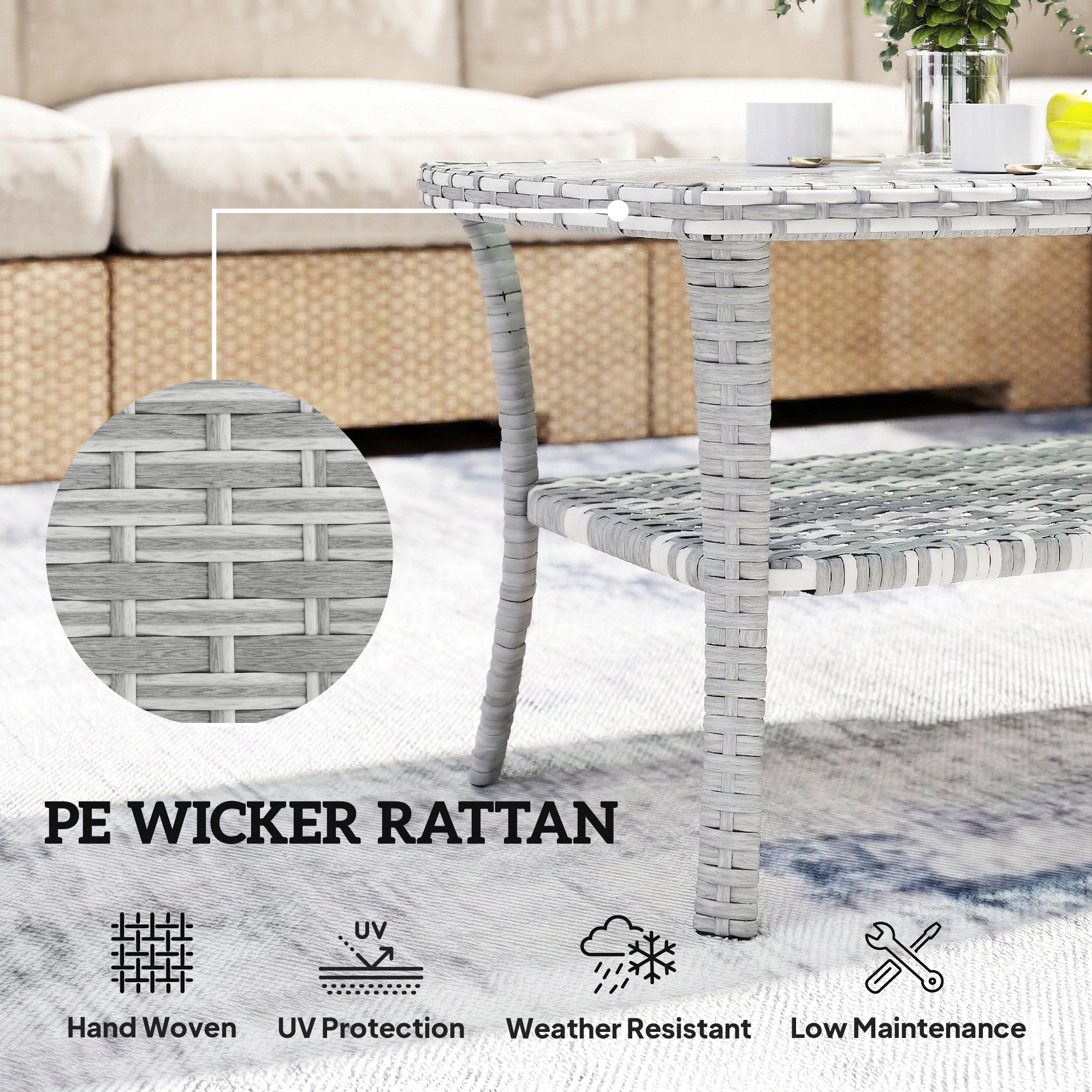 Outdoor Coffee Table with Storage Shelf, PE Wicker Patio Table with Glass Top for Garden, Backyard, Dark Grey - Image 3