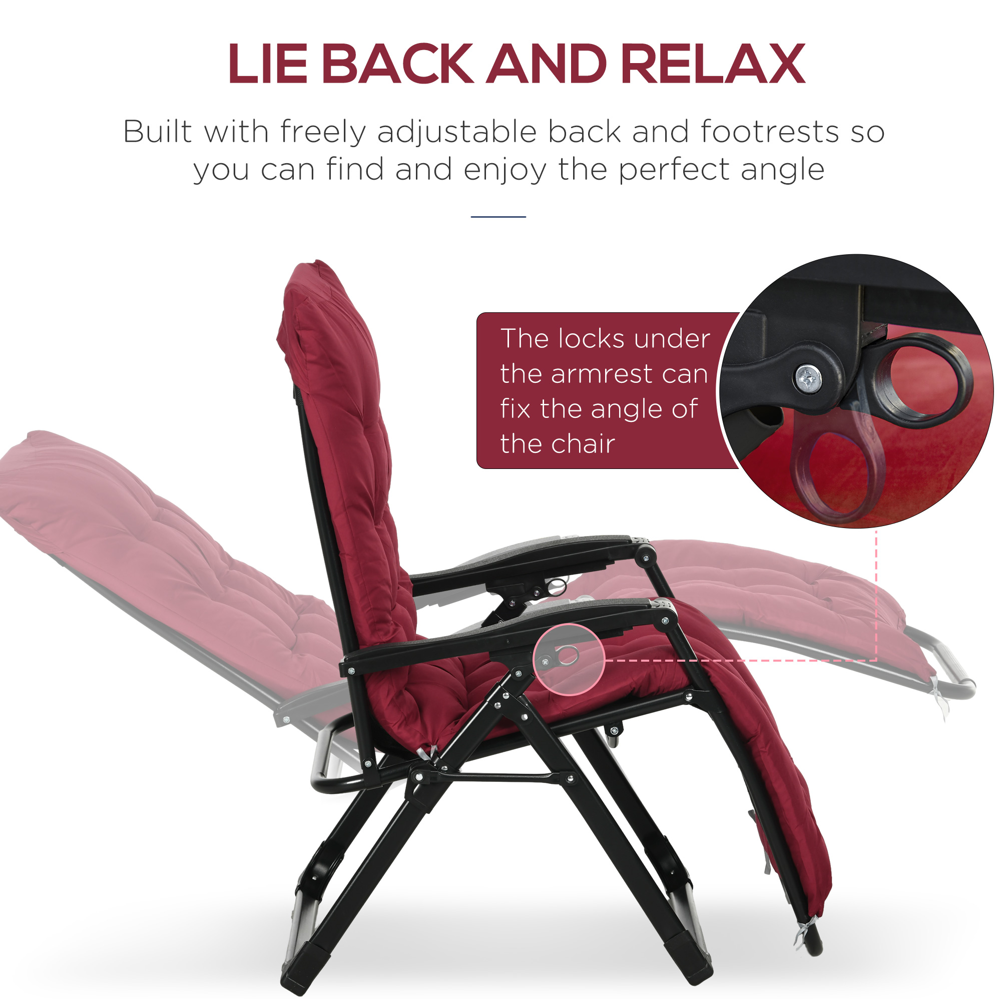 Folding Garden Chairs Set of 2, Reclining Zero Gravity Chair, Sun Lounger with Cushion and Headrest, Wine Red - Image 2