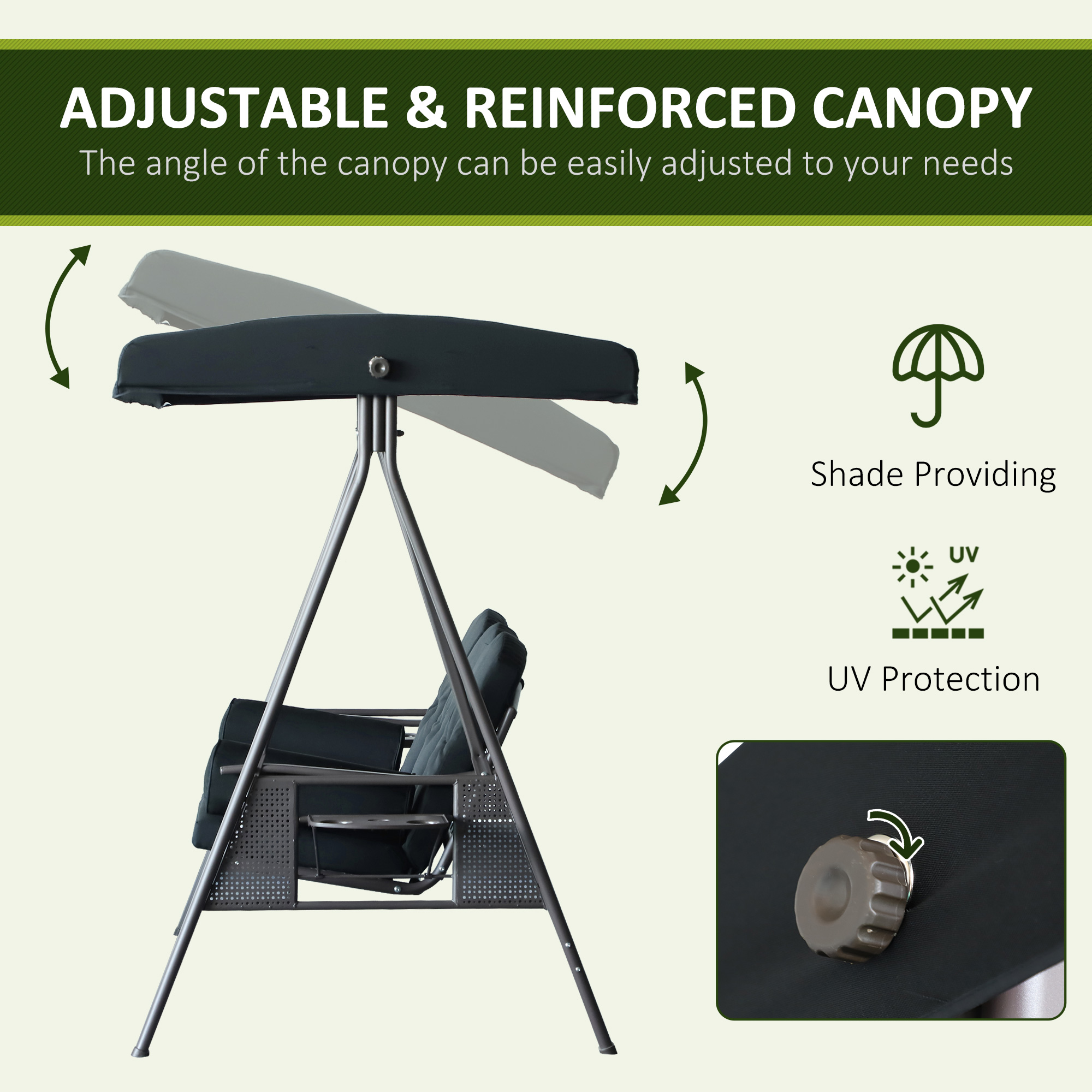 Outdoor Patio 3-Person Steel Canopy Cushioned Seat Bench Swing with Included Side Trays & Padded Comfort, Black - Image 2