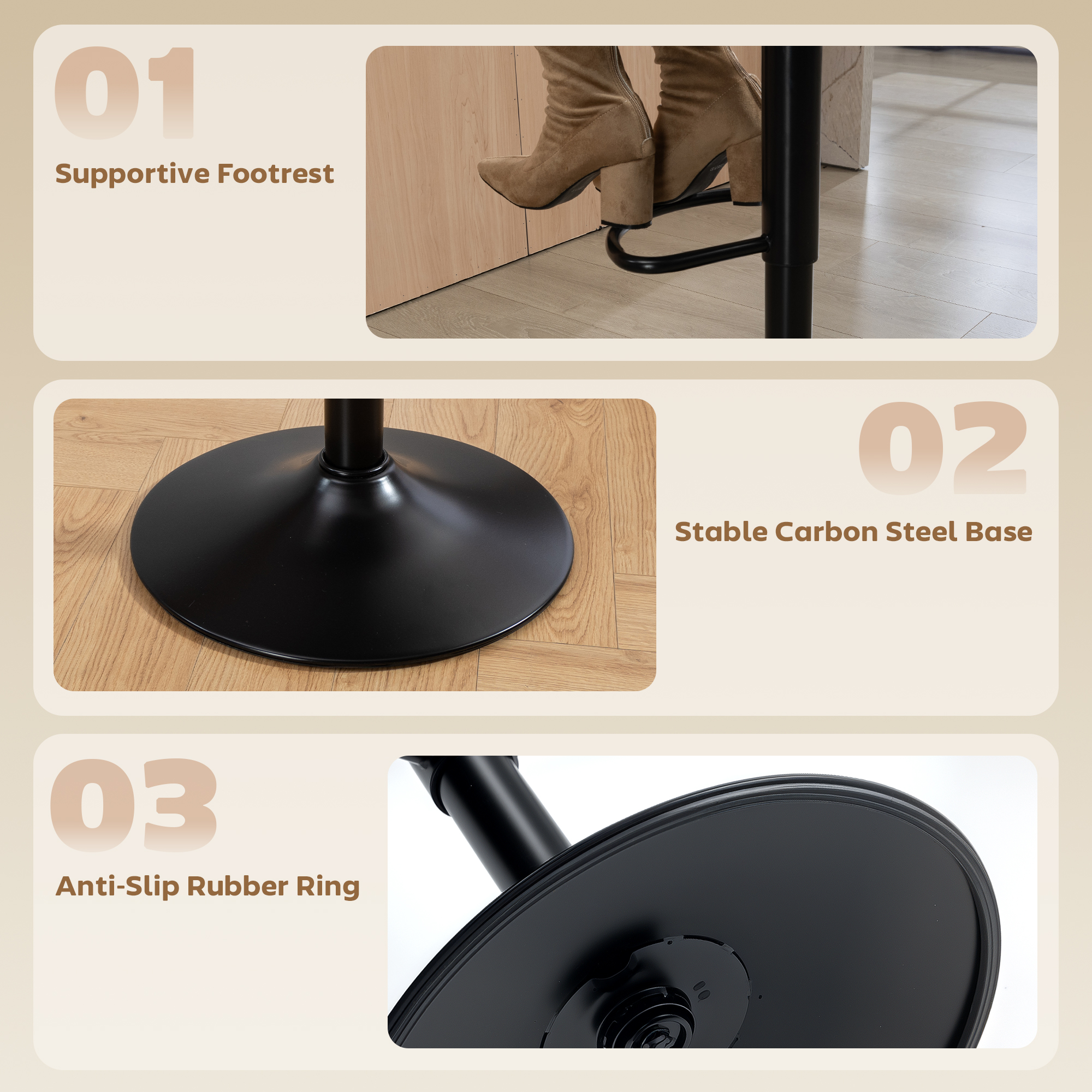 Bar Stools Set of 2, Swivel Counter Height Barstools with Footrest, Black - Image 5