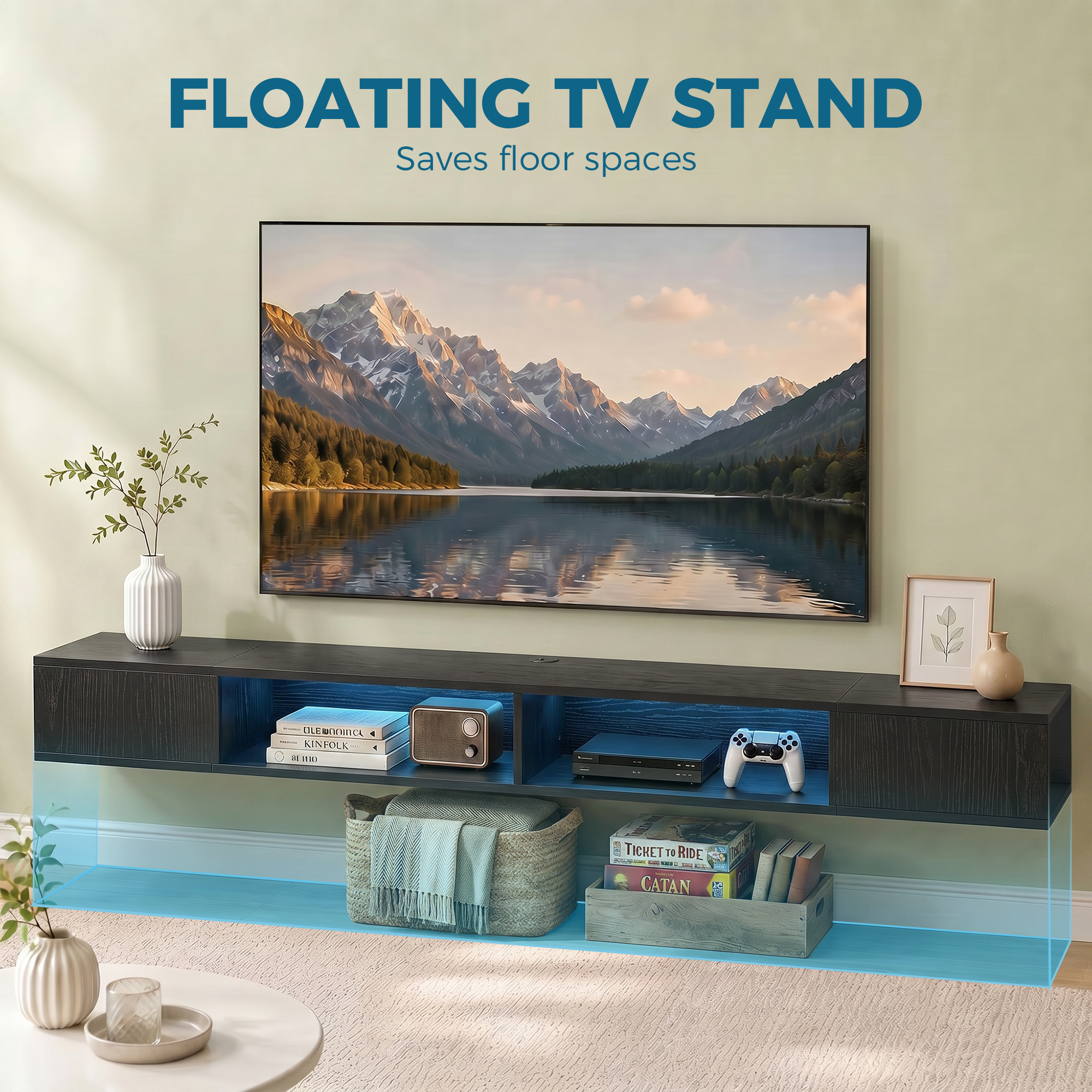 TV Stand with RGB LED Lights, Entertainment Center with Open Shelves for 75 Inch TV, Black Wood Grain - Image 2