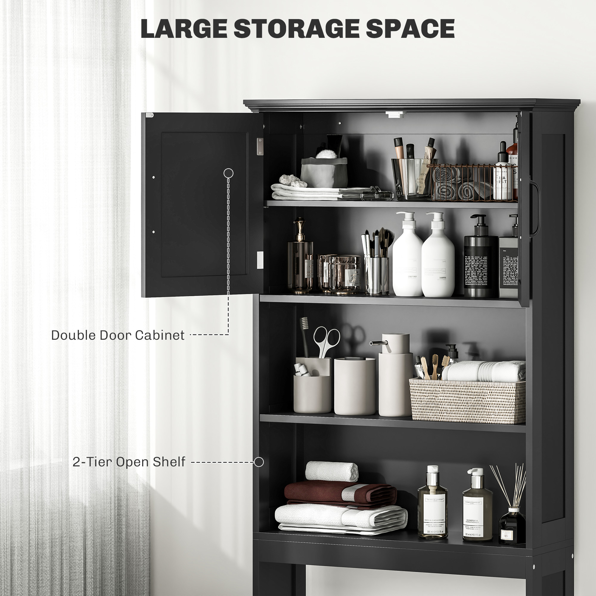 Modern Over The Toilet Storage, Bathroom Cabinets Over Toilet with Open Shelves and Double Door Cabinet, Black - Image 2