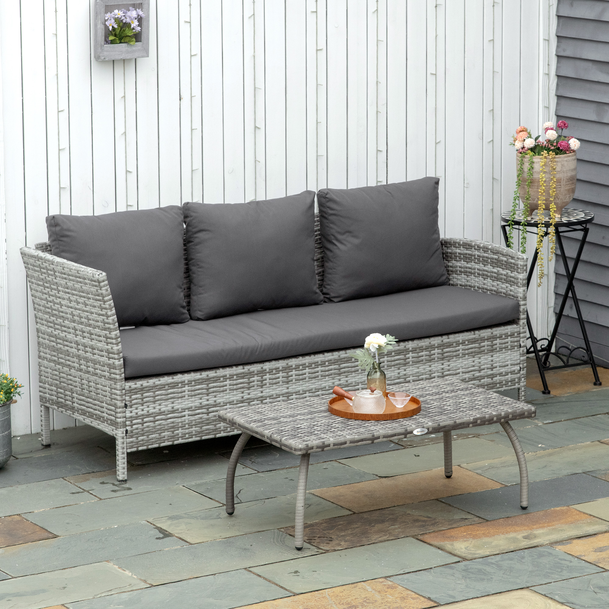 Rattan Coffee Table Outdoor Side Table, 35.4" x 19.7" Small Wicker Patio Furniture with All-Weather PE for Garden, Balcony, Backyard, Poolside, Grey - Image 6