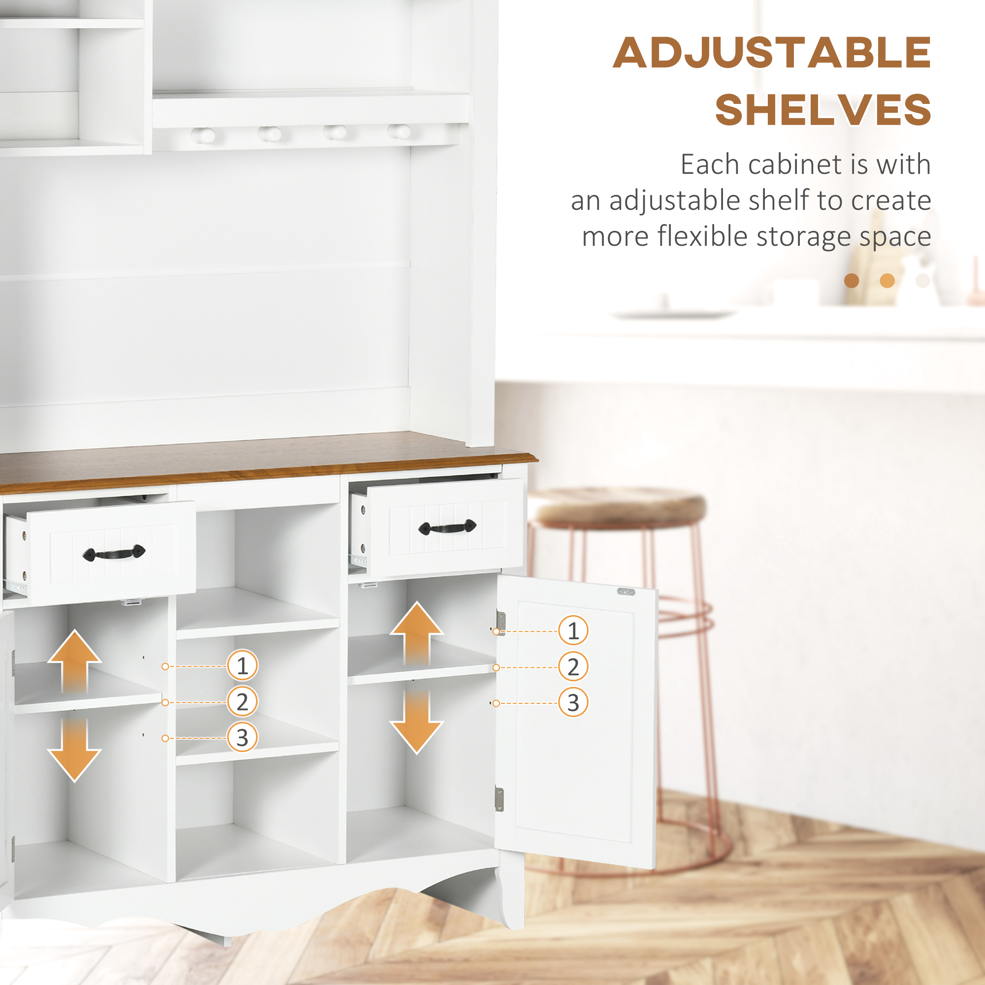 71" Kitchen Buffet with Hutch, Farmhouse Style Storage Cupboard with Utility Drawer, 3 Door Cabinets and 5-tier Shelves, White - Image 4