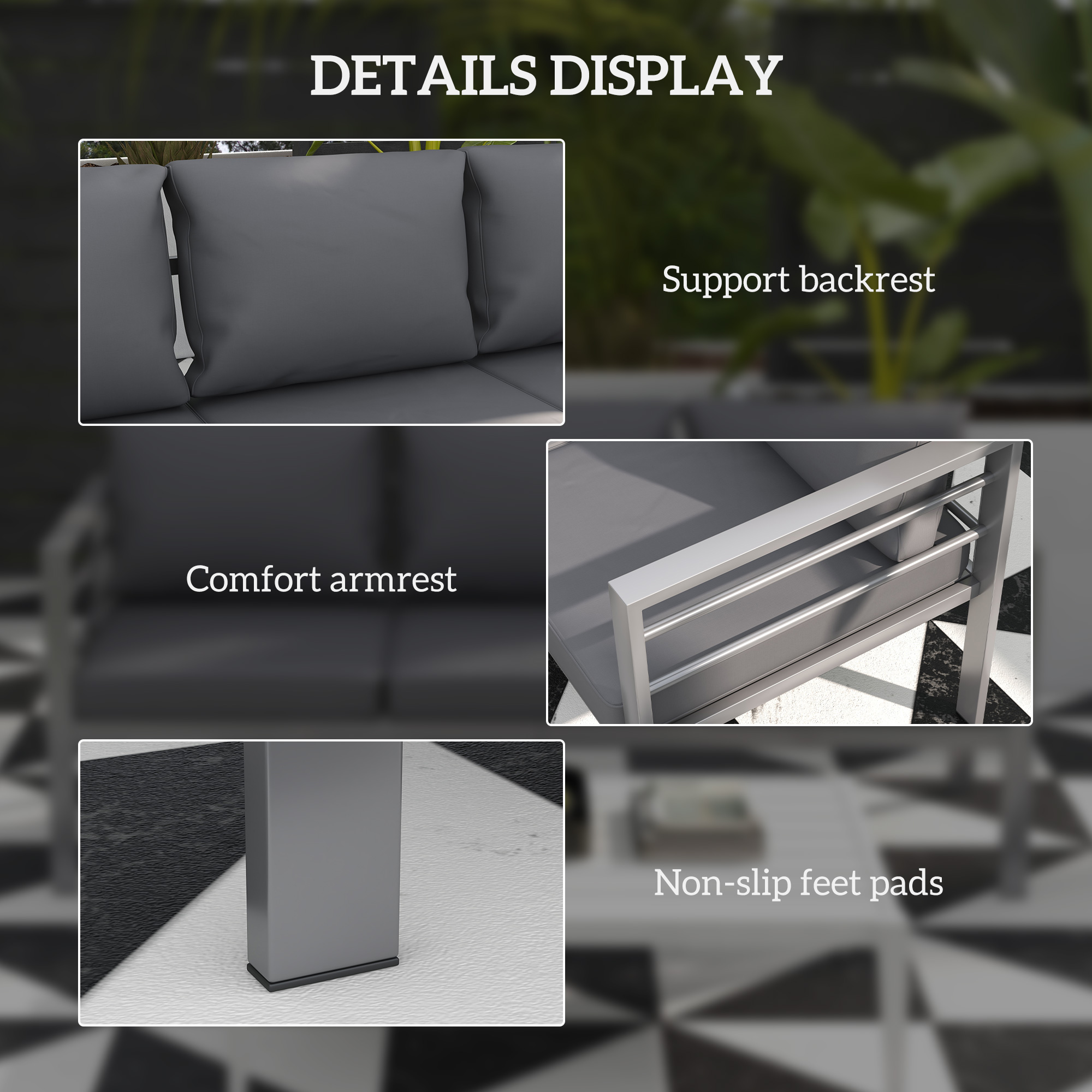 Aluminum Garden Sofa, 3-Person Outdoor Couch, Backyard Furniture for 3-person with Cushions, 72.8" x 26" x 25.2", Grey - Image 4