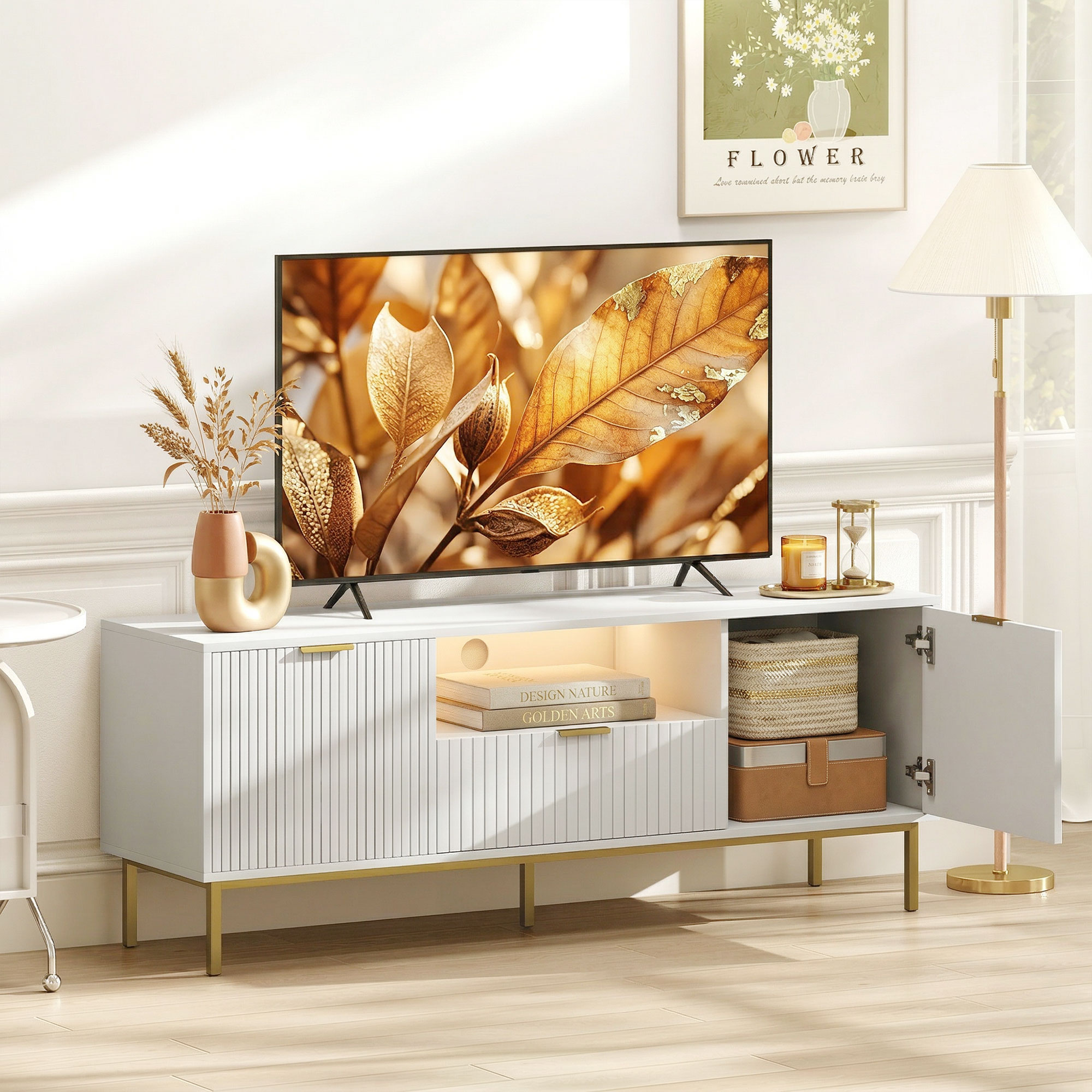 Modern TV Console for TVs up to 60 Inch, Entertainment Center with Smart RGB LED Lights and Soft Close Doors, White - Image 6