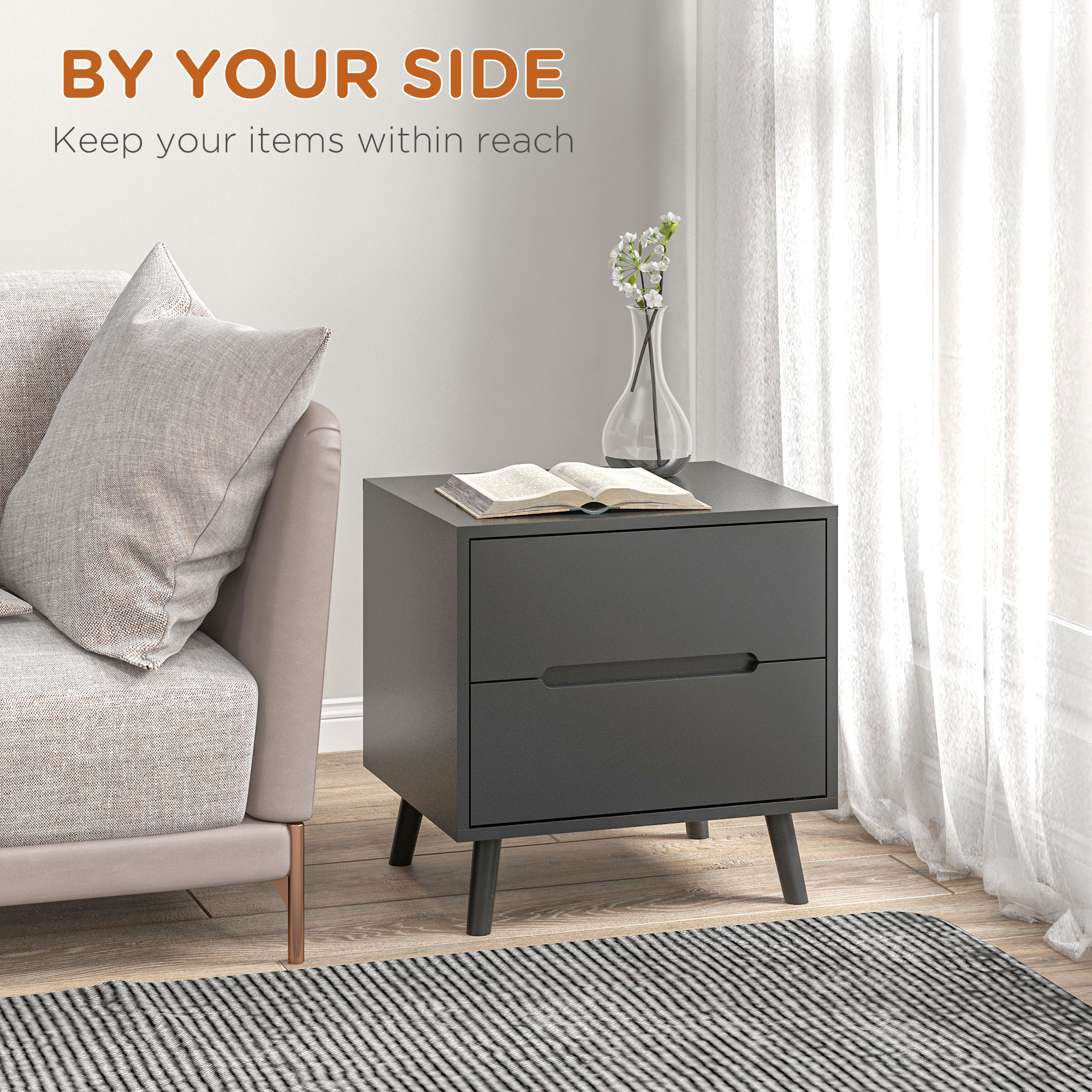 Modern Nightstand, Night Table with 2 Drawers, Bed End Table with Solid Wood Legs for Bedroom - Image 2