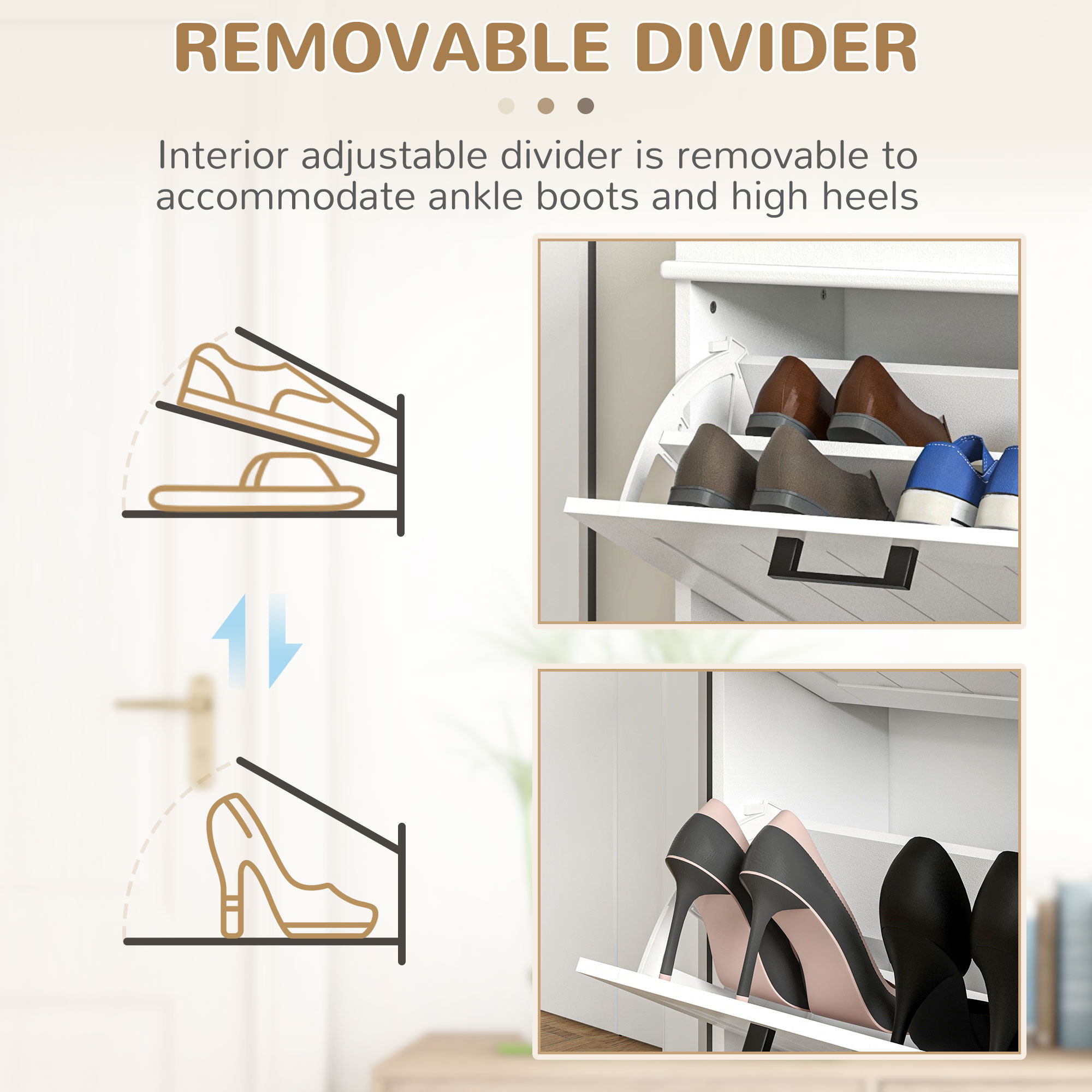 Shoe Storage Cabinet with 2 Flip Drawers and Adjustable Shelves, Narrow Shoe Cabinet for 10 Pairs of Shoes, White - Image 4
