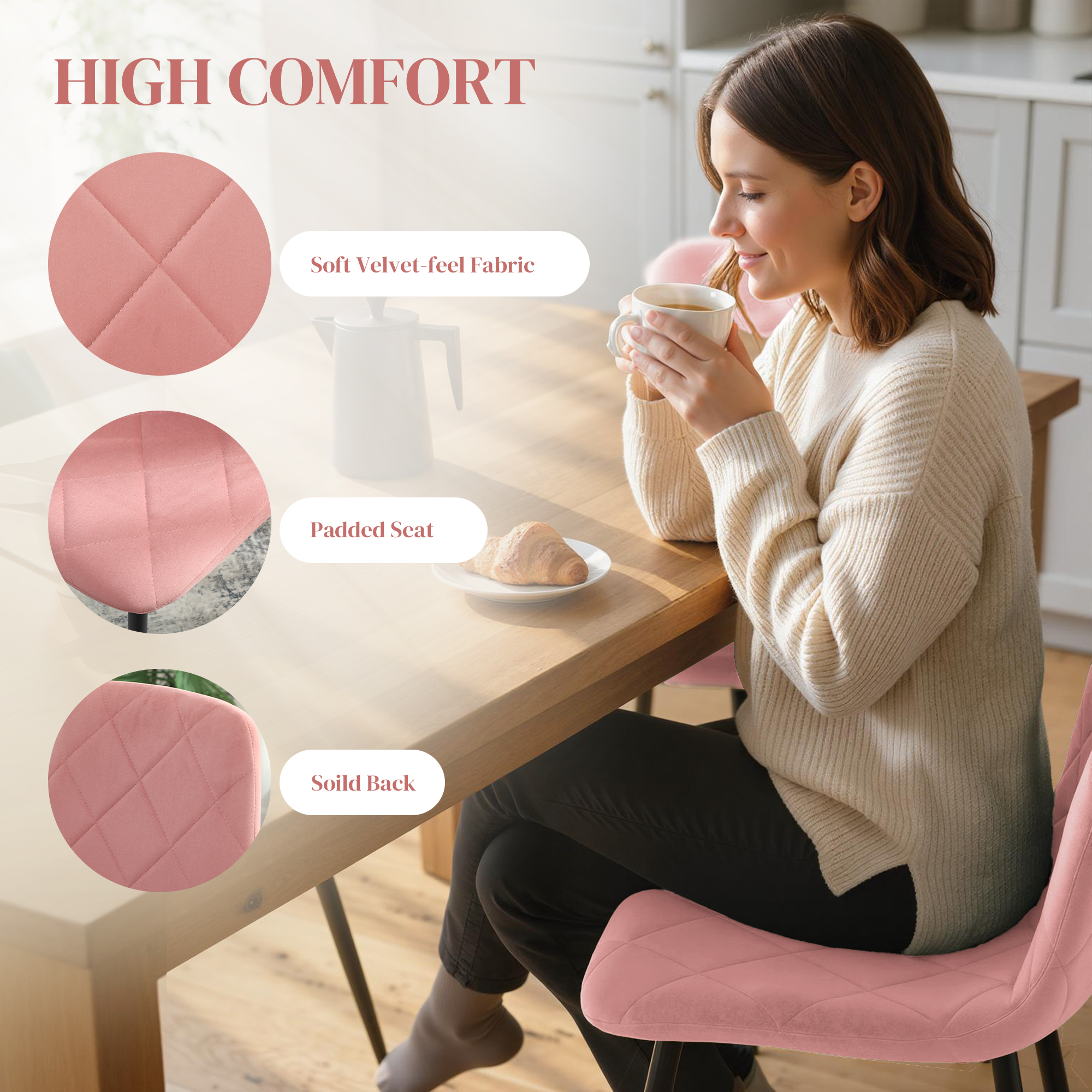 Dining Chairs Set of 4, Upholstered Dining Room Chairs with Steel Legs, Modern Kitchen Chair for Dining Room, Pink - Image 2