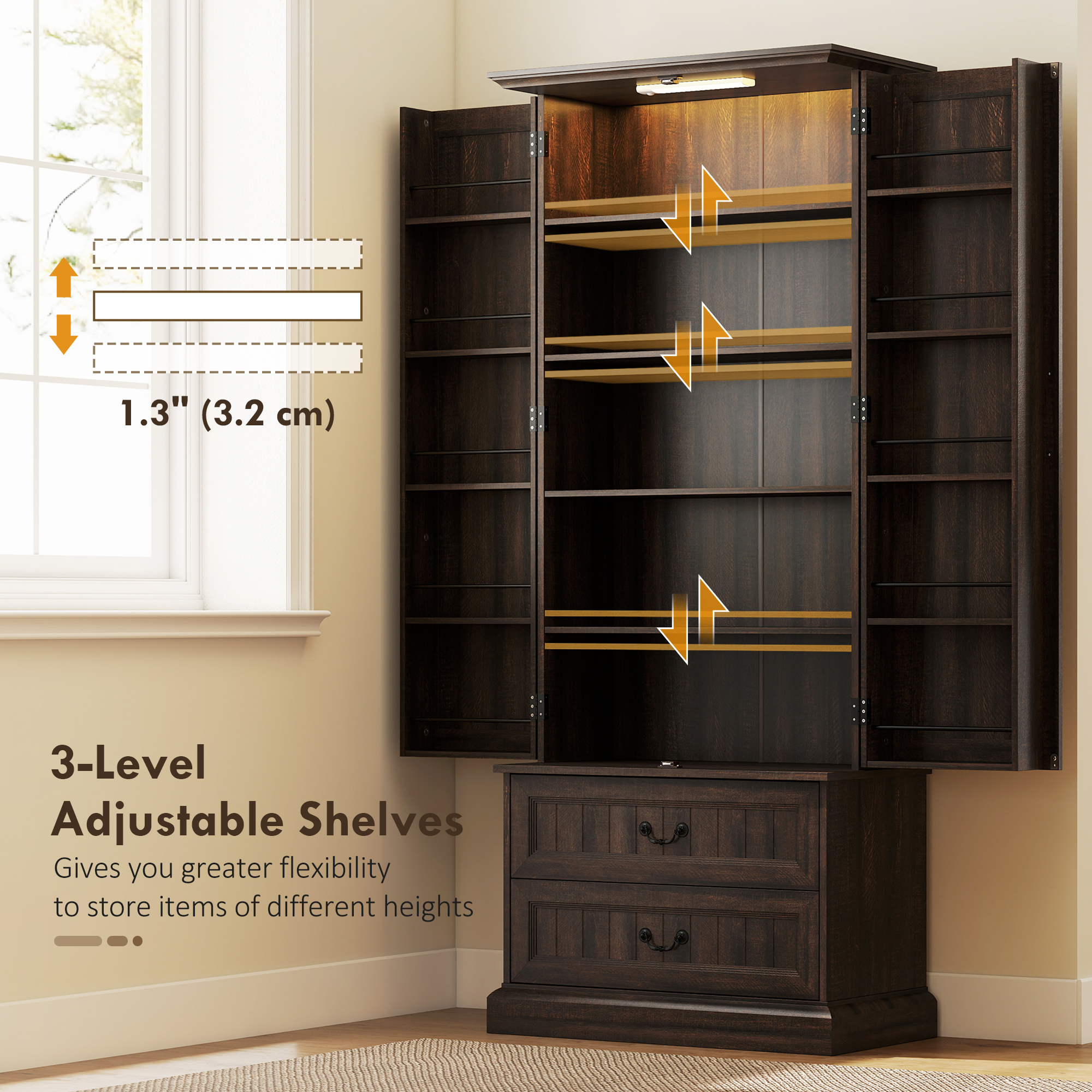 72" LED Kitchen Pantry Cabinet, Buffet Storage Cabinet with 10 Door Shelves, 2 Drawers and Adjustable Shelves, Brown - Image 4