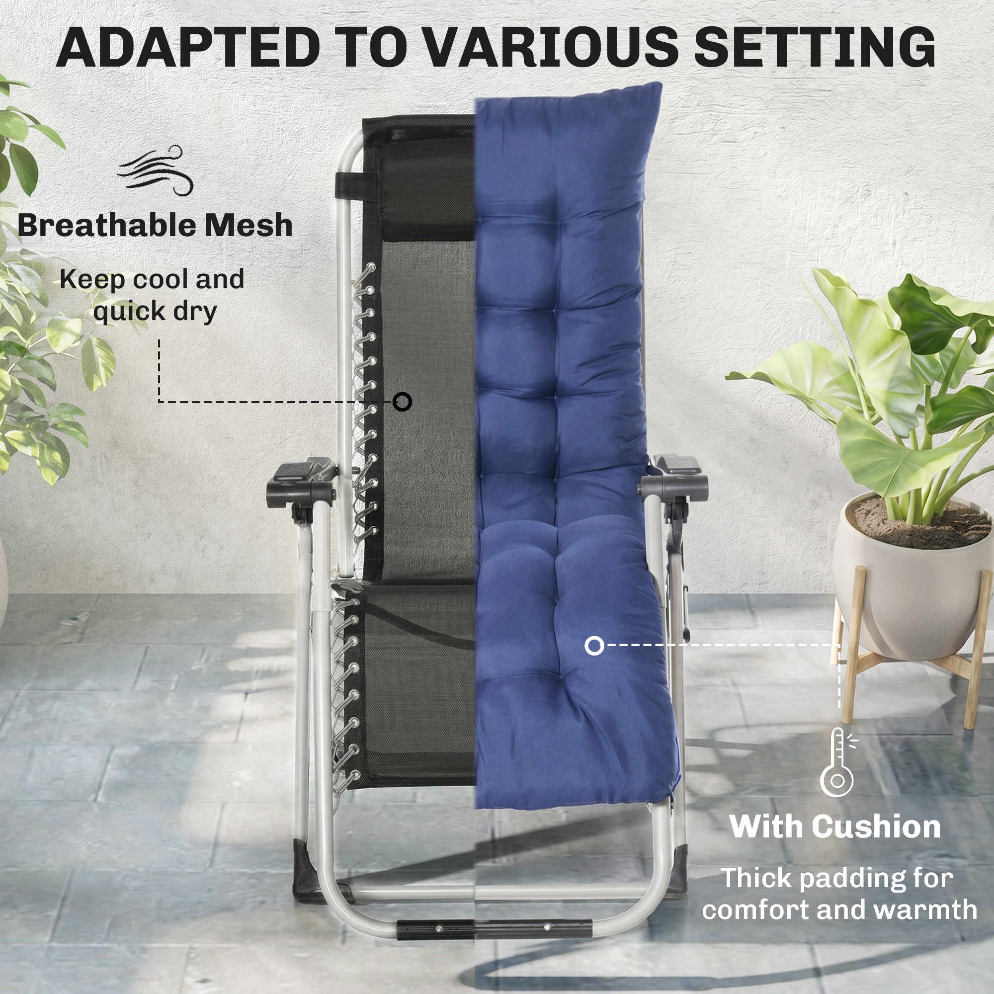 Reclining Zero Gravity Chair with Adjustable Backrest, Folding Garden Sun Lounger, Outdoor Recliner with Removable Cushion and Headrest, Dark Blue - Image 3
