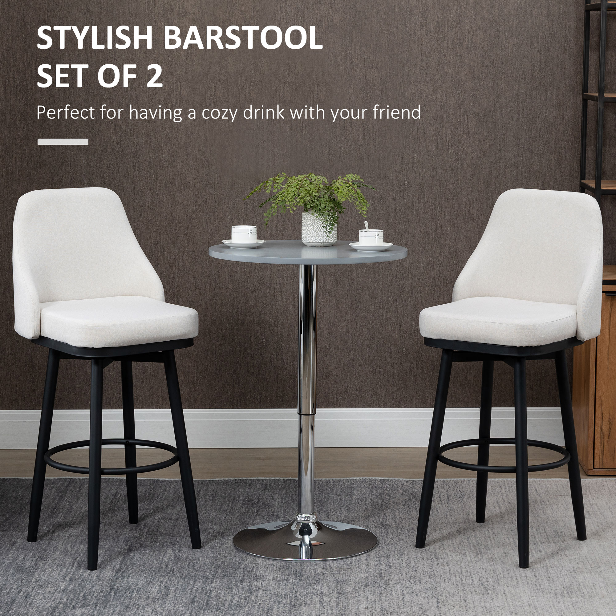 Extra Tall Bar Stools Set of 2, Modern 360° Swivel Barstools, Dining Room Chairs with Steel Legs Footrest, Cream White - Image 2