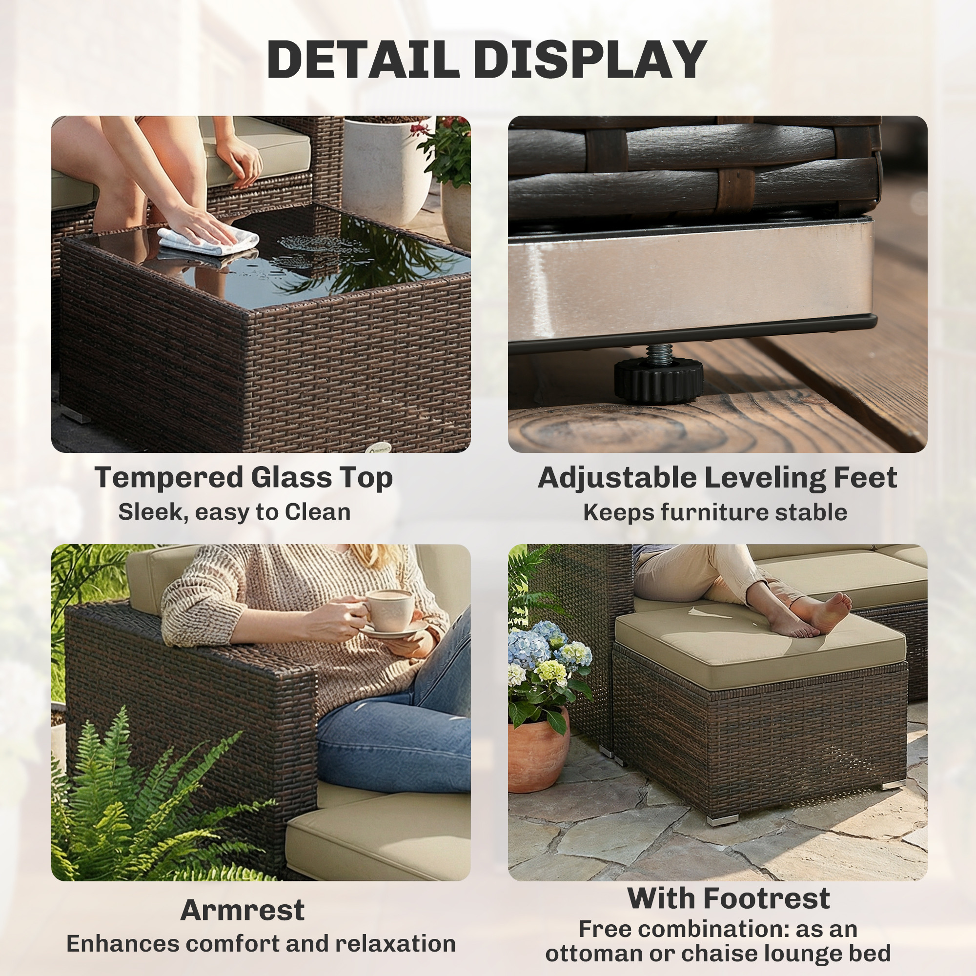 3 Pieces Patio Furniture Set with Cushions, Outdoor PE Rattan Wicker Conversation Corner Sofa Set, Khaki - Image 4