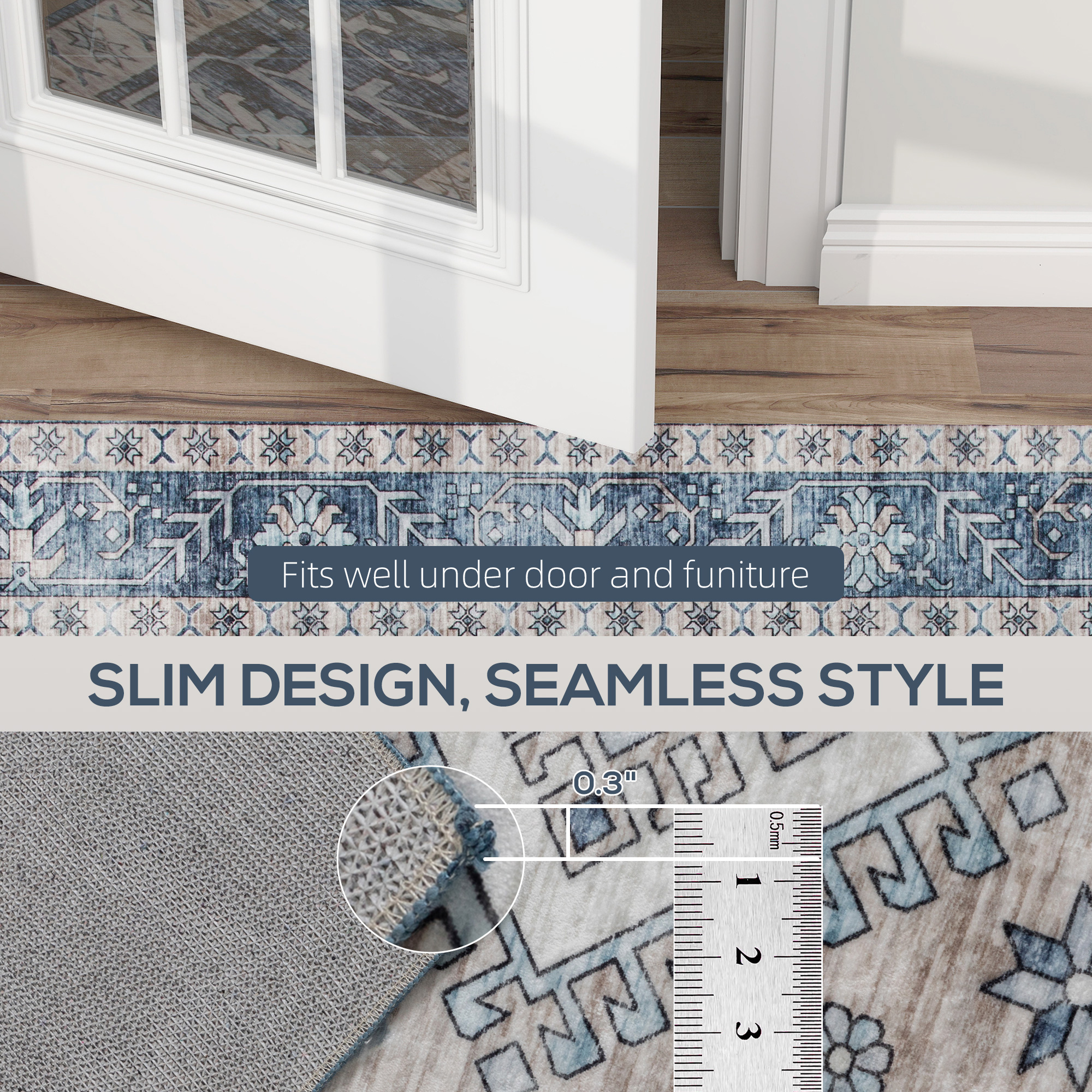 5x7 Area Rug, Vintage Machine Washable Rug, Non-Slip Floor Carpet for Living Room, Bedroom, Dining Room, Blue - Image 5