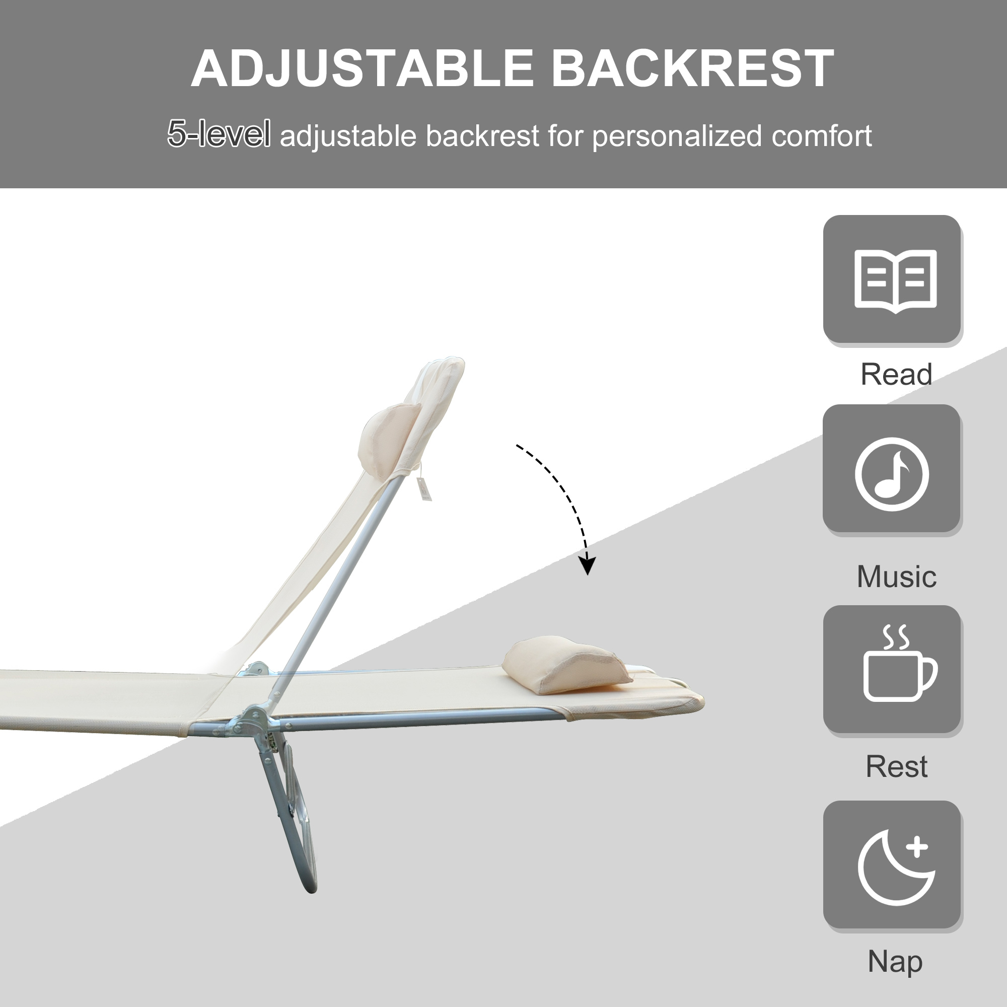 Outdoor Lounge Chair, Portable Adjustable Reclining Seat Folding Chaise Lounge Patio Camping Beach Tanning Chair Bed with Pillow, Beige - Image 2