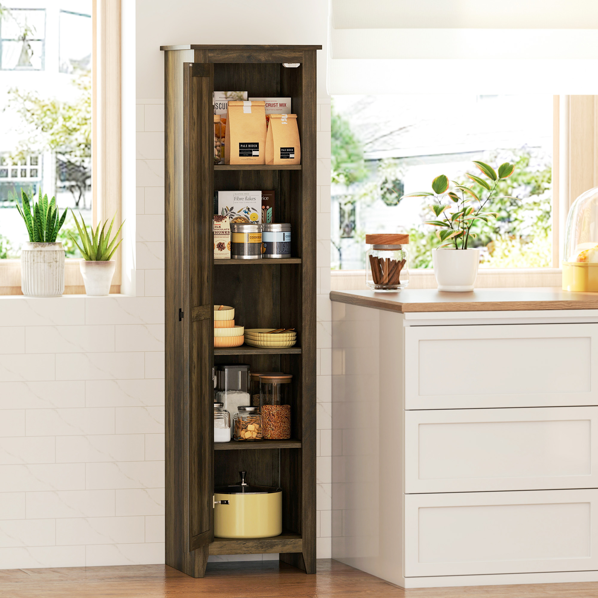 67" Farmhouse Kitchen Pantry Storage Cabinet with Barn Door, Kitchen Pantry Cabinet with Adjustable Shelves, Brown - Image 6