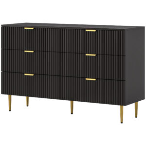 Modern Chest of Drawers 6 Drawer Dresser for Bedroom with Gold Legs and Handles, Black