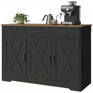 Sideboard Buffet Cabinet, 43" Farmhouse Kitchen Cabinet with 3 Barn Doors, 2 Drawers, 2 Adjustable Shelves, Black