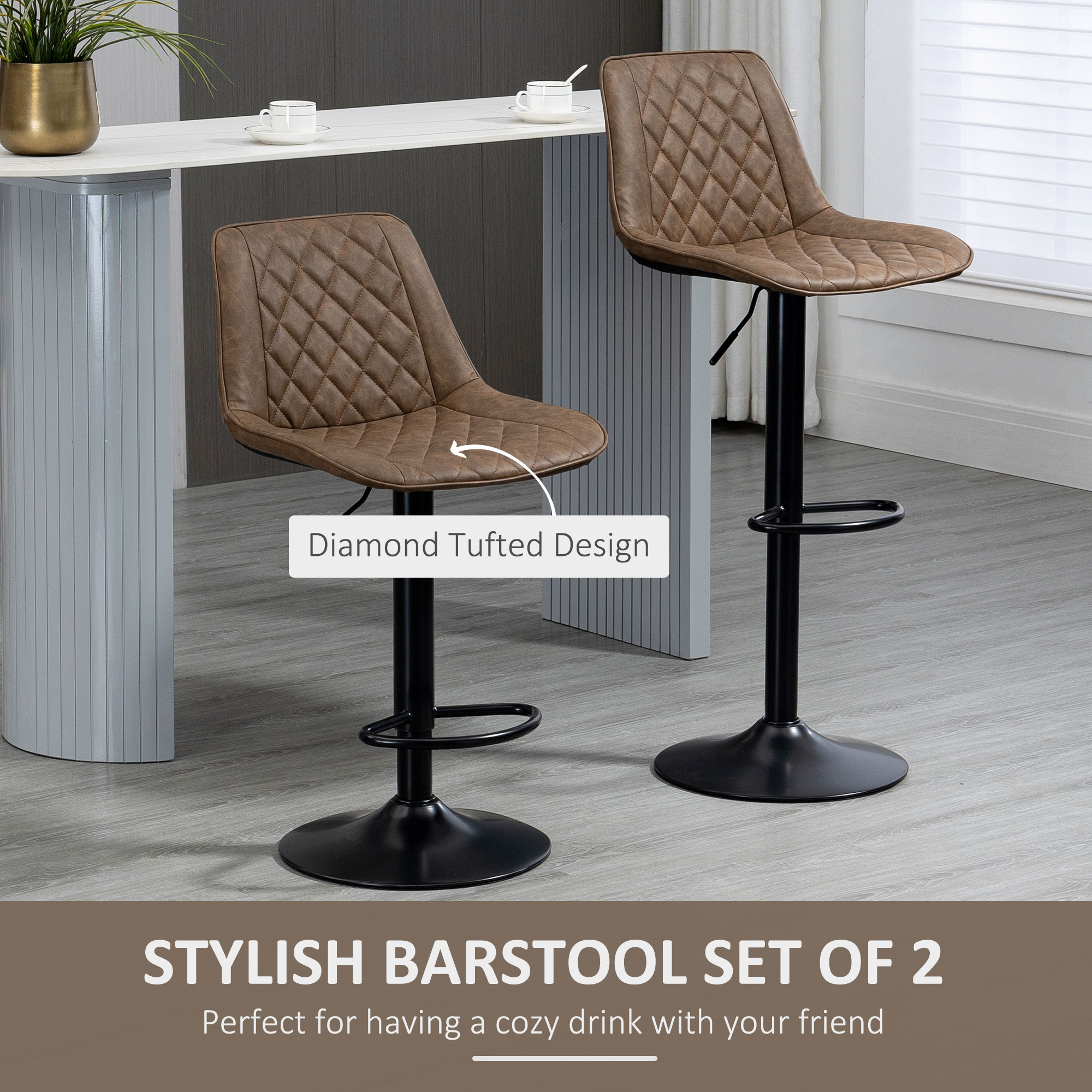 Bar Stools Set of 2, Swivel Counter Height Barstools with Back, Footrest, Adjustable Height, Dark Brown - Image 2