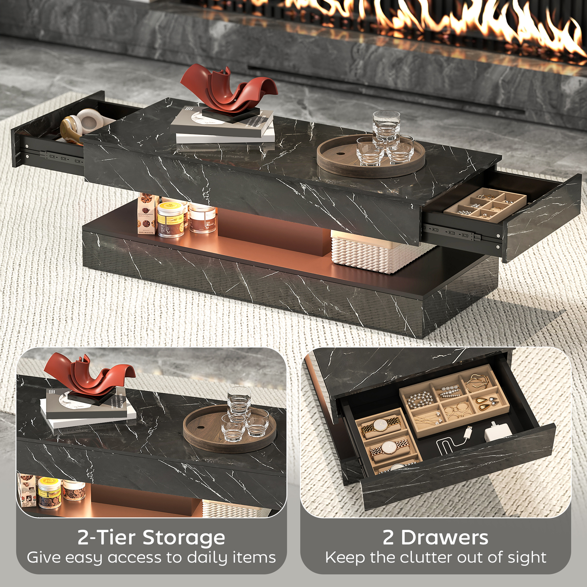 Coffee Table with Adjustable LED Lights, Center Table with 2 Drawers, Open Shelf, Remote, High Gloss Marble-Effect Black - Image 3
