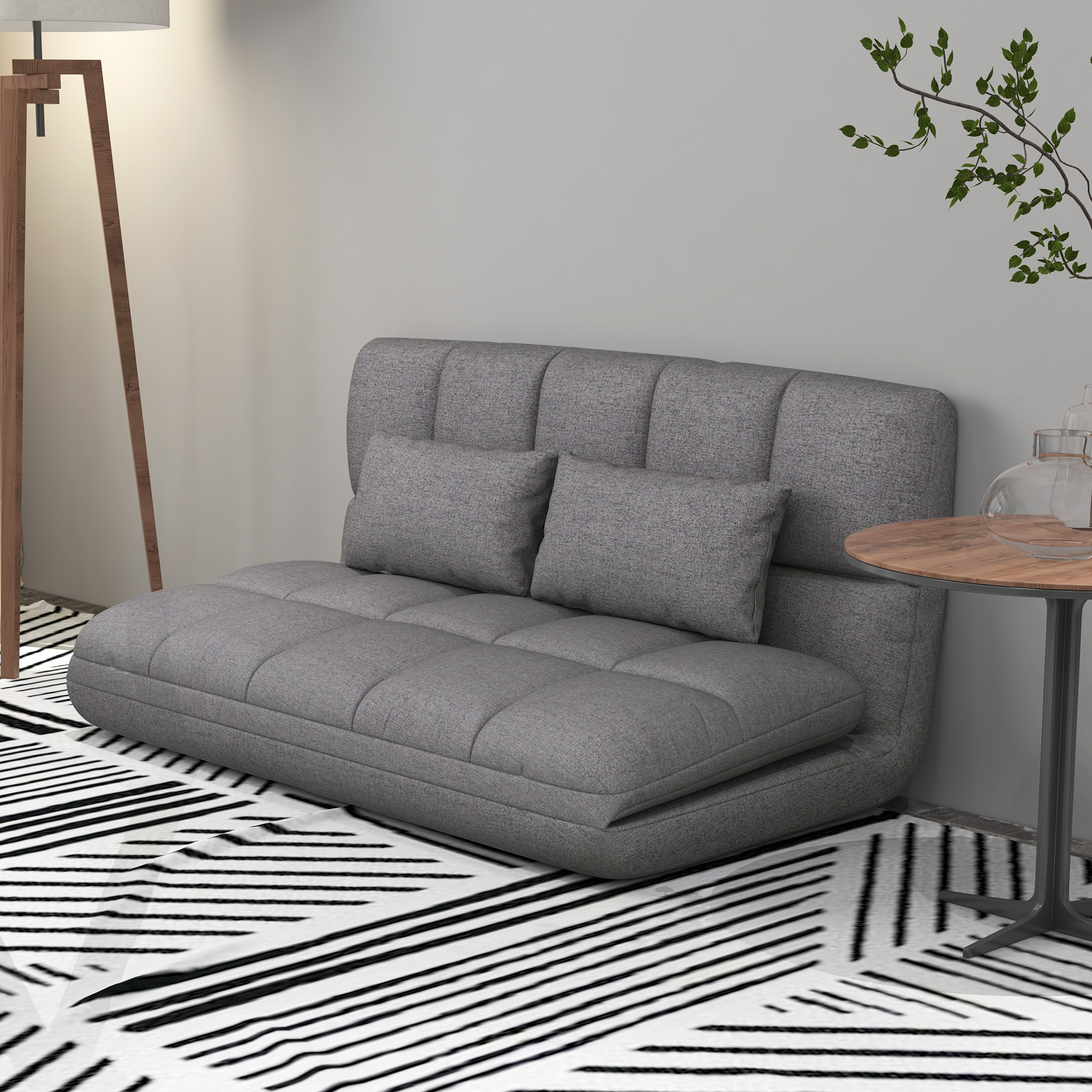 51" Folding Floor Sofa, Foldable 2-Seater Lazy Sofa Sleeper Bed, Adjustable Linen Floor Couch with 9-position Backrest, 2 Pillows and Wide Seat for Living Room, Grey - Image 6