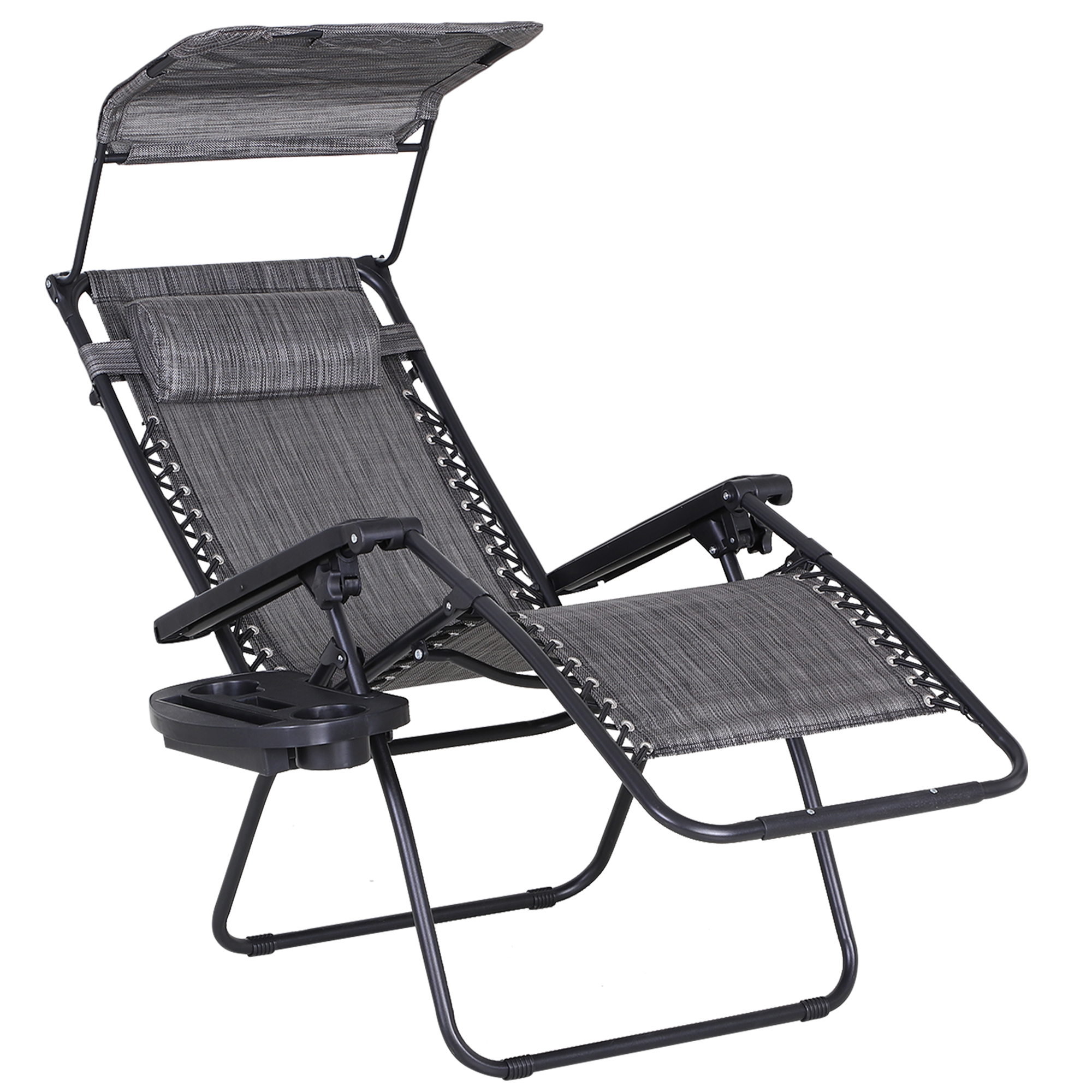 Outdoor Zero Gravity Reclining Lounger Chair with Canopy Shade, Side Tray, Cupholder, Dark Grey