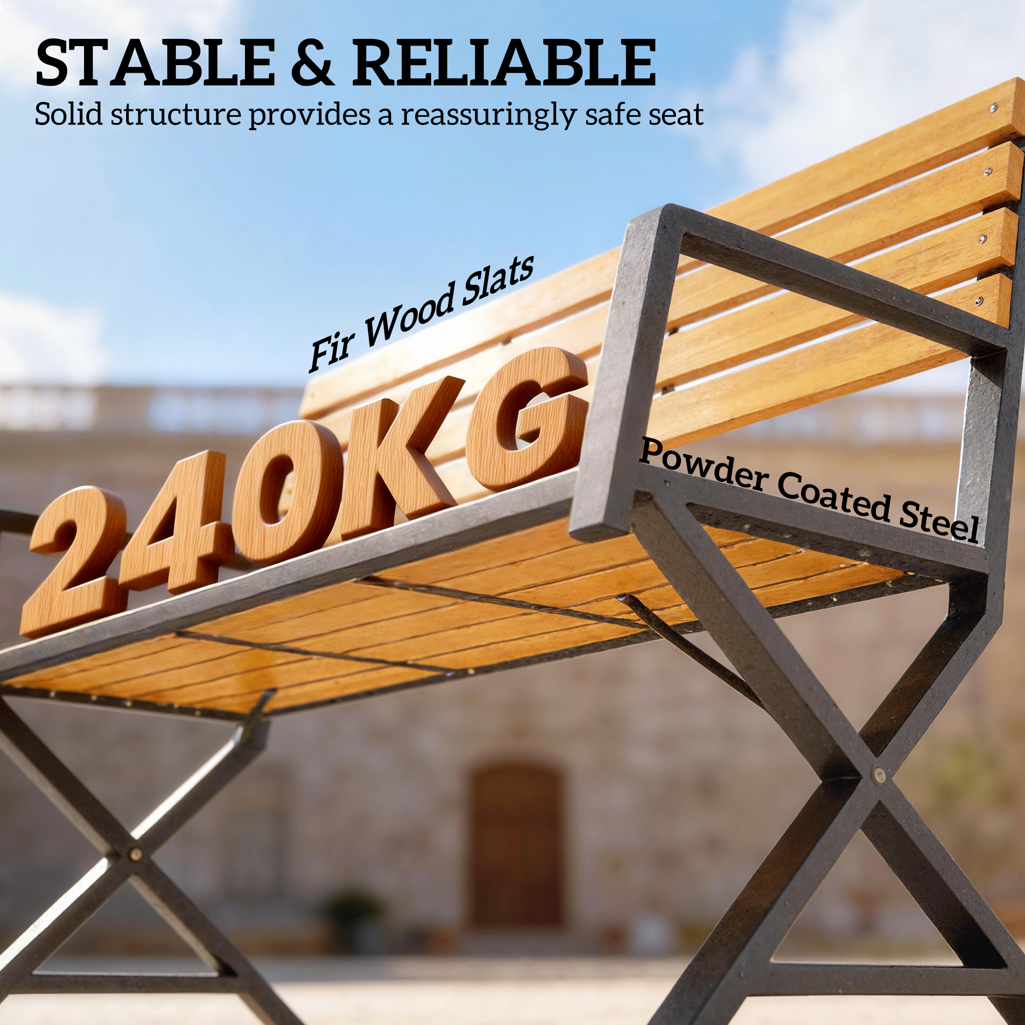 Outdoor Garden Bench, Patio Bench with Backrest and Armrests, 2-Person Garden Seating - Image 3