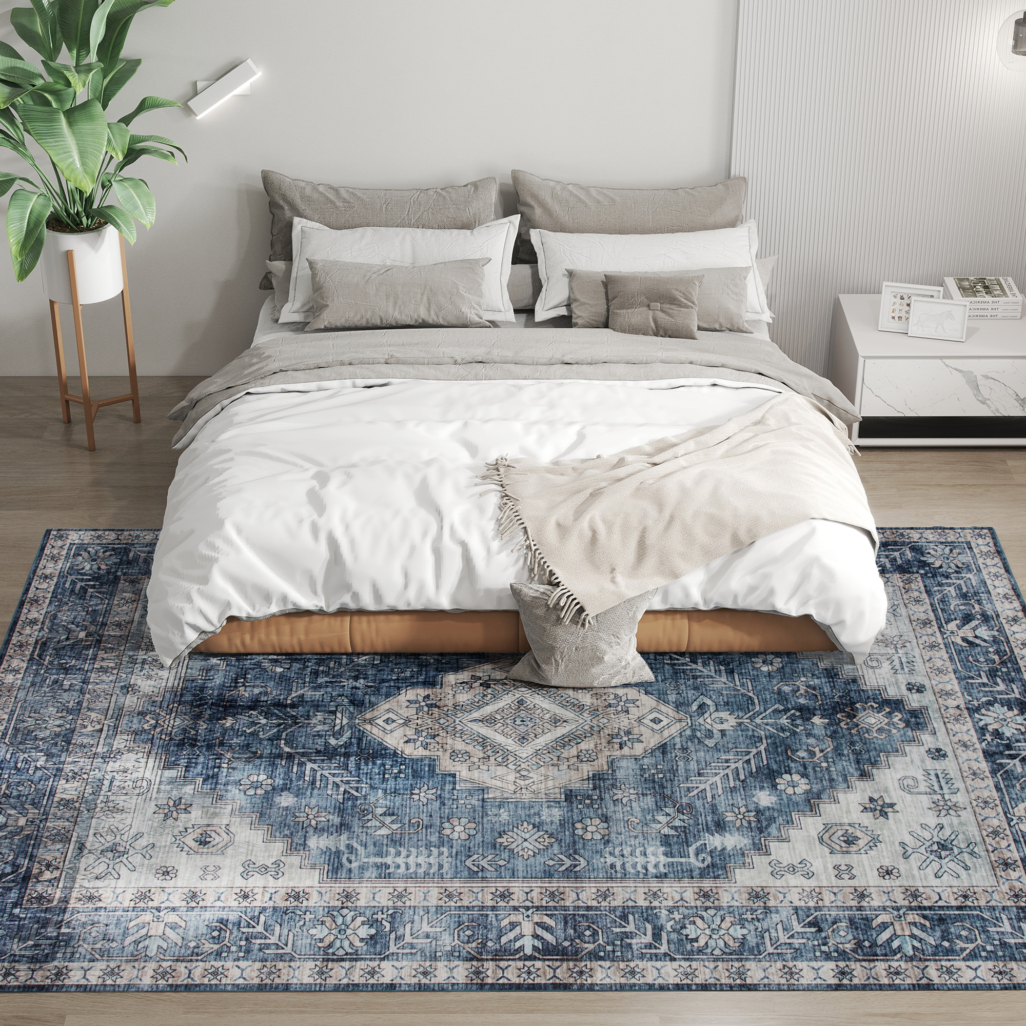 6x9 Area Rug, Vintage Machine Washable Rug, Non-Slip Floor Carpet for Living Room, Bedroom, Dining Room, Blue - Image 6