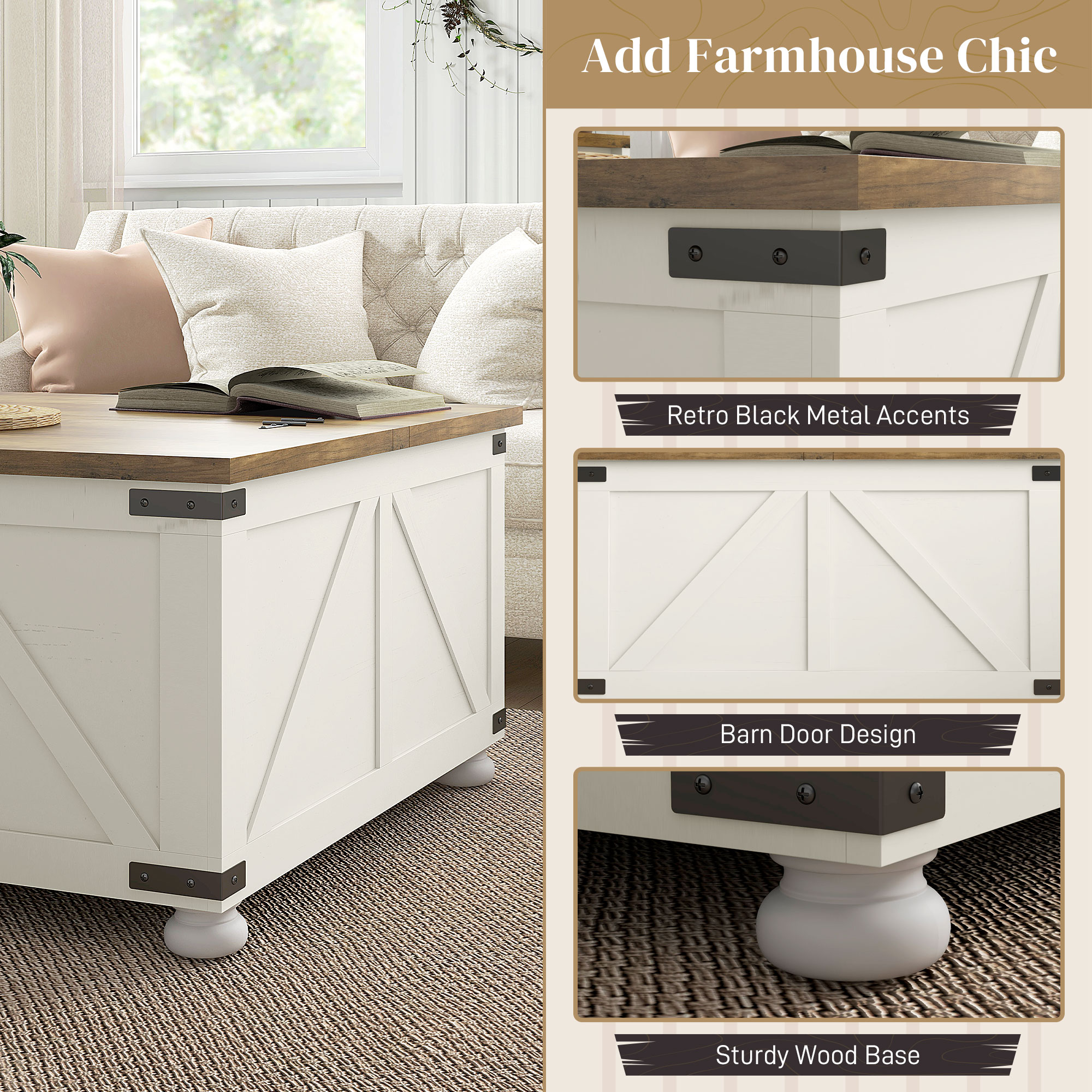 Farmhouse Coffee Table, Square Center Table with Flip-top Lids, Hidden Storage Compartment and Wooden Legs, Antique White - Image 3