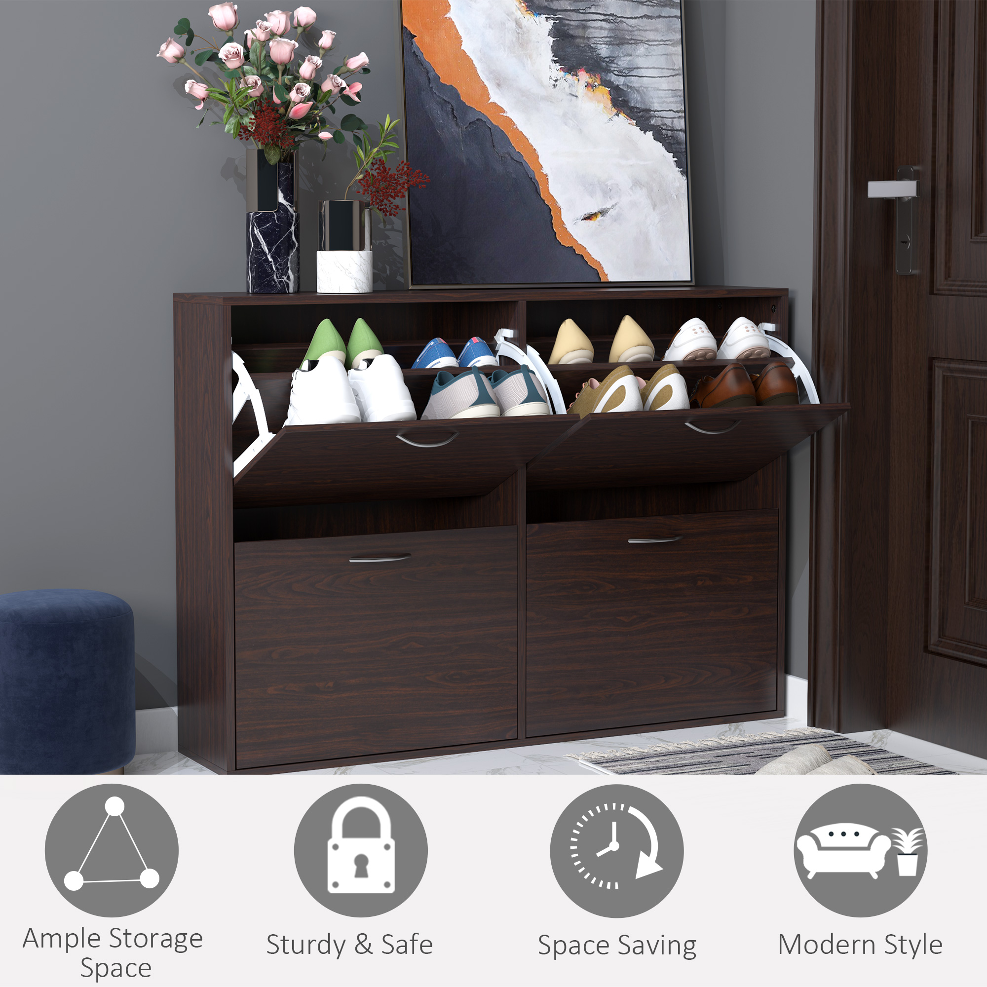 Flip Down Shoe Storage, Multi Cabinet, Wooden Shoe Rack, Entryway Shelf, 4 Drawer Organizer, Freestanding Unit, Brown - Image 5