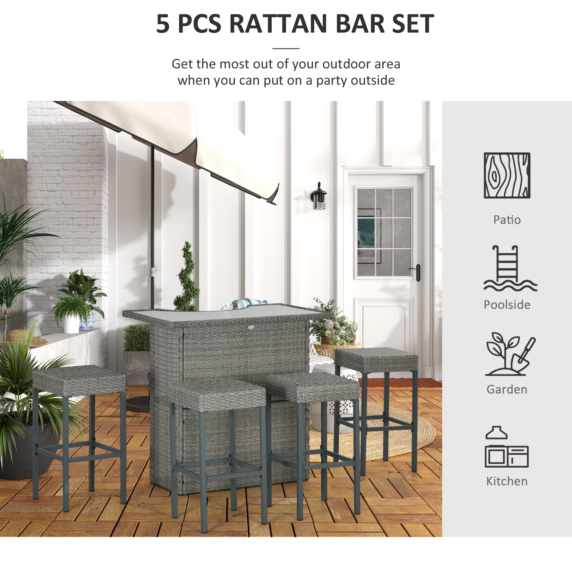 5 Pieces Patio Bar Set, Outdoor PE Rattan Wicker High Top Outdoor Table and Chairs Outdoor Bar Set with Tempered Glass Top Bar Table and Shelves, 4 Bar Chairs, Grey - Image 4