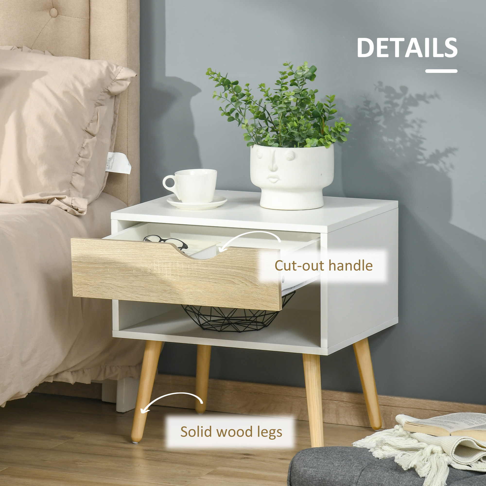 Set of 2 Bedside Table with Drawer and Shelf, Modern Nightstand with Wooden Legs, End Table for Bedroom, White - Image 3