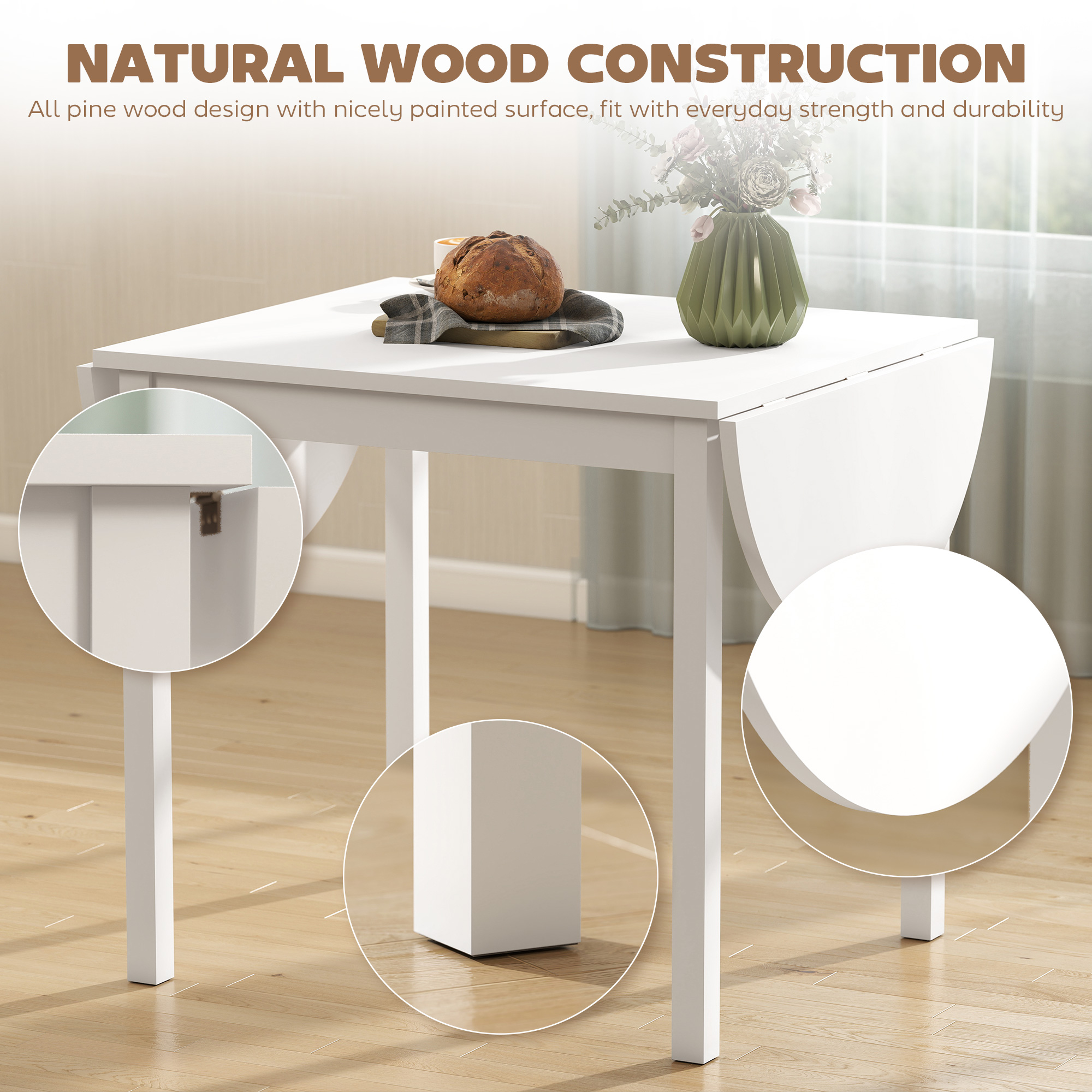 Solid Wood Kitchen Table, Drop Leaf Tables for Small Spaces, Folding Dining Table, White - Image 4