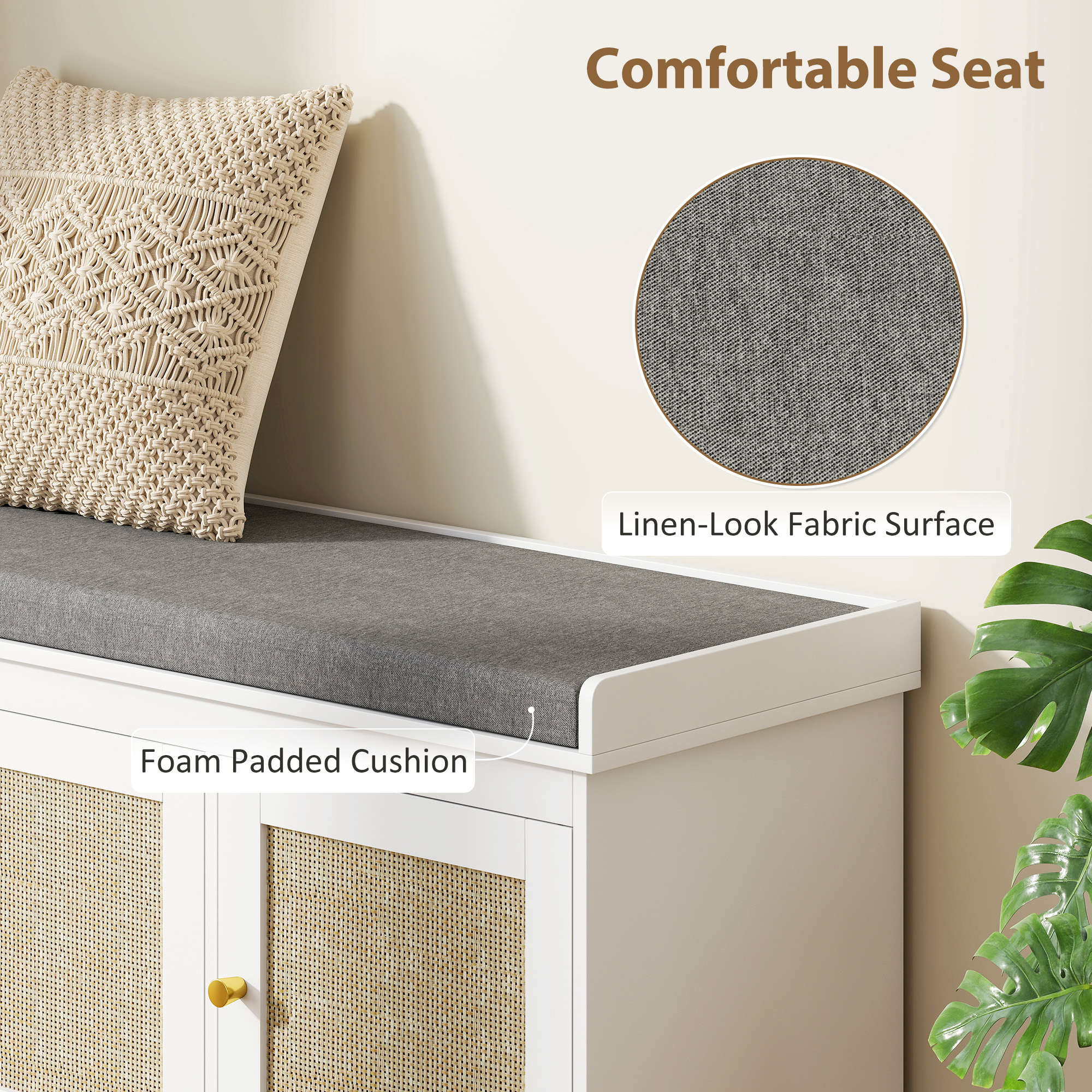 Shoe Storage Bench with Woven Rattan Doors, Shoe Bench with Cushion, Adjustable Shelves, Entryway Bench, White - Image 3
