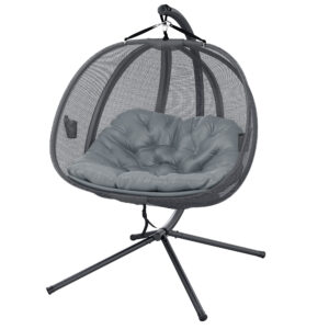 Double Egg Chair with Stand, 2 Person Hanging Swing Egg Chair with Cushion, Pockets, Grey