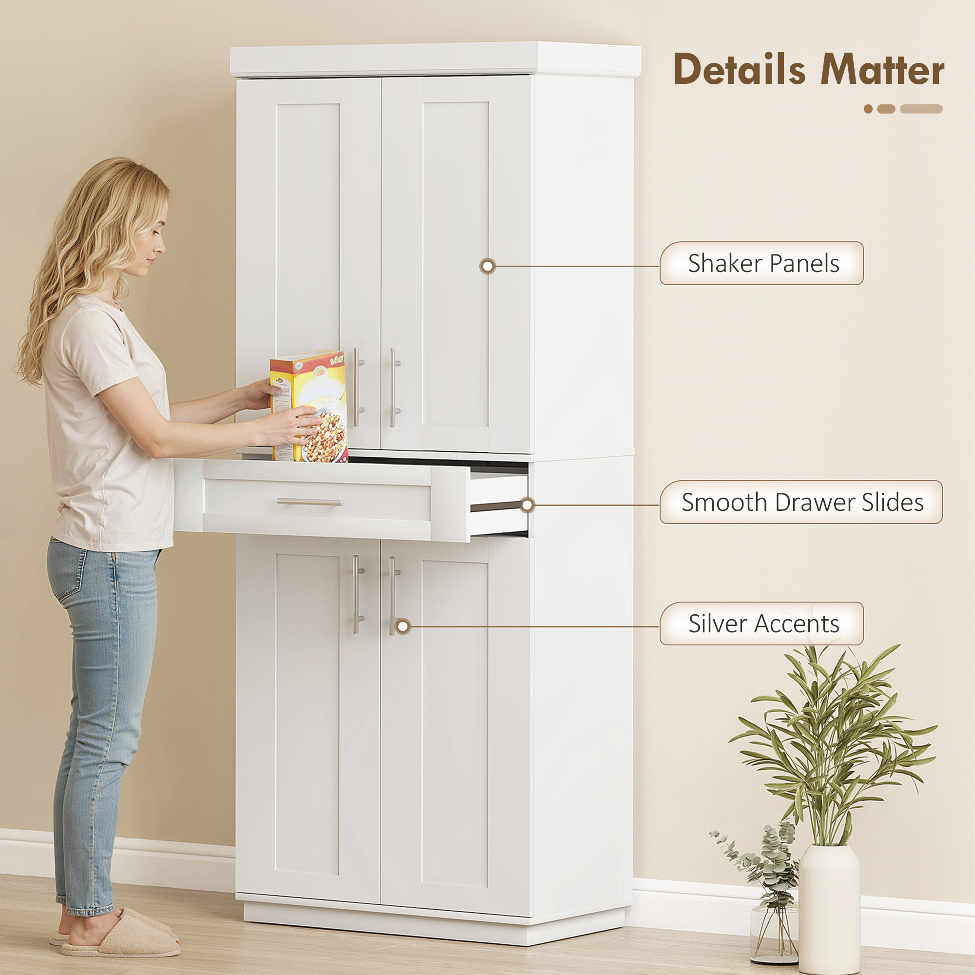 72" Storage Cabinet, Freestanding Kitchen Pantry Cabinet with 4 Doors, Drawer and 3 Adjustable Shelves, White - Image 5