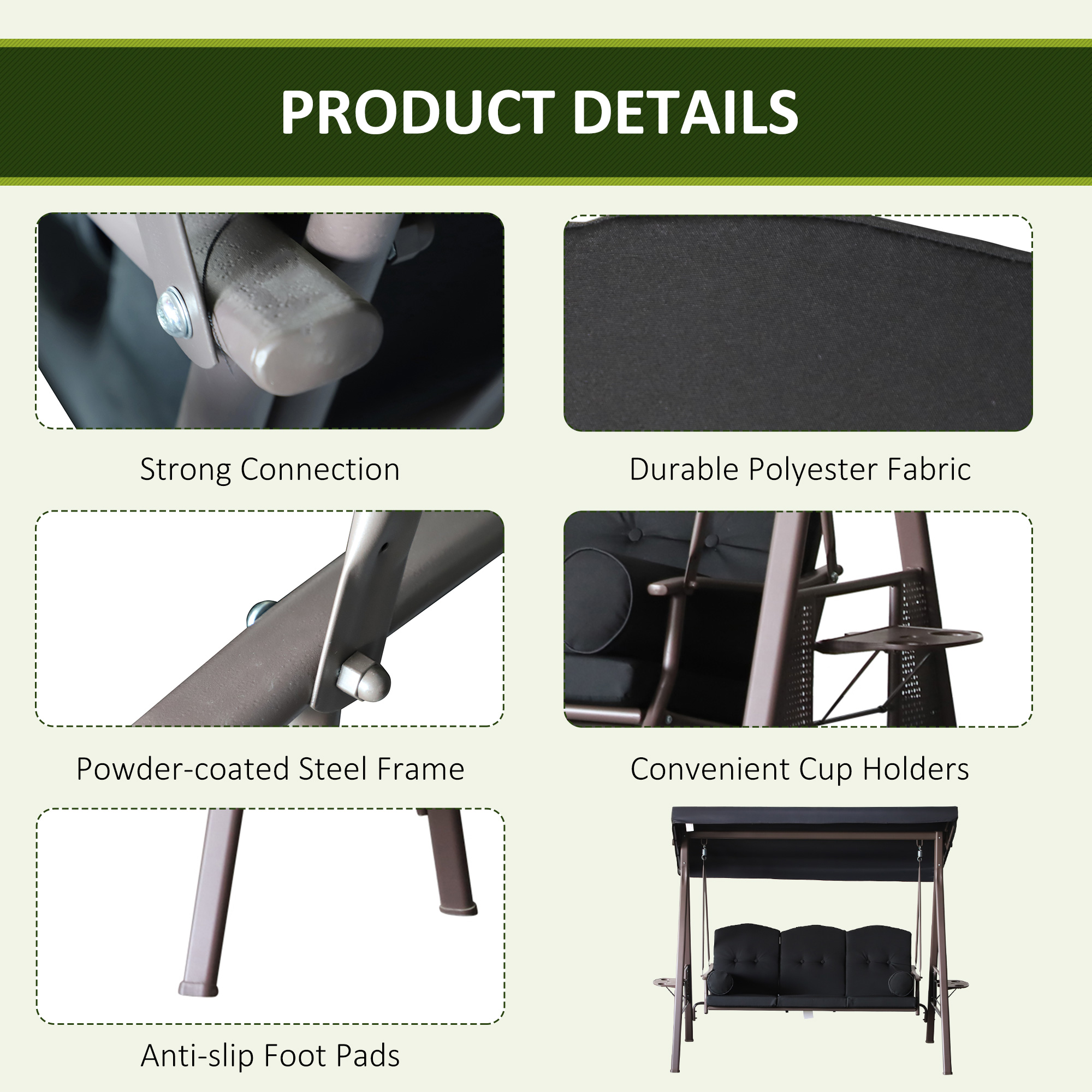Outdoor Patio 3-Person Steel Canopy Cushioned Seat Bench Swing with Included Side Trays & Padded Comfort, Black - Image 3