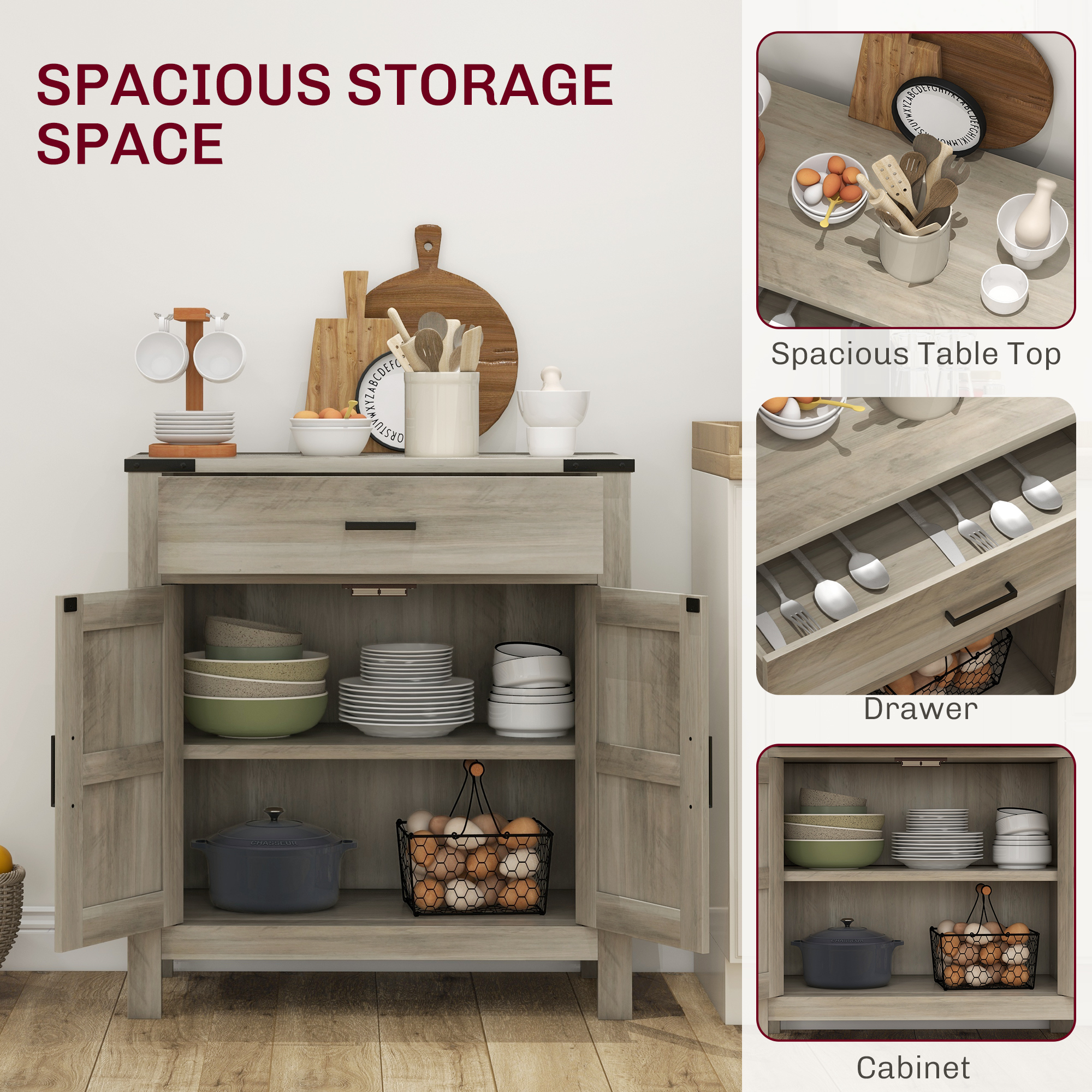 Sideboard Buffet Cabinet, Farmhouse Kitchen Storage Cabinet w/ Drawer and Shelf for Living Room, Entryway - Image 2
