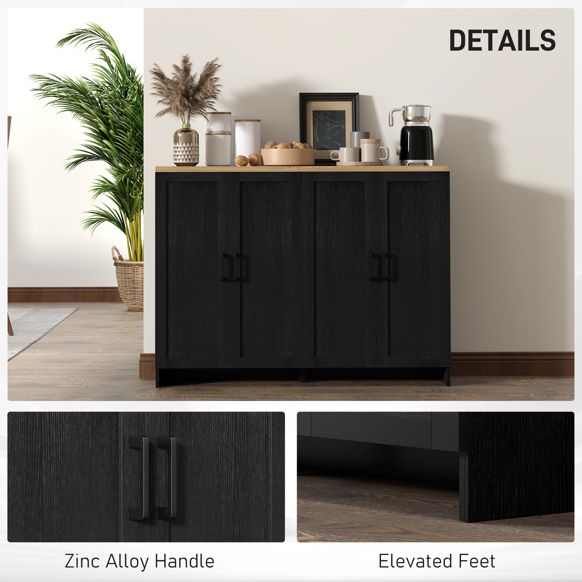 Modern Sideboard Buffet Cabinet, Modern Kitchen Storage Cabinet with 4 Doors Adjustable Shelves, for Dining Room, Black - Image 4
