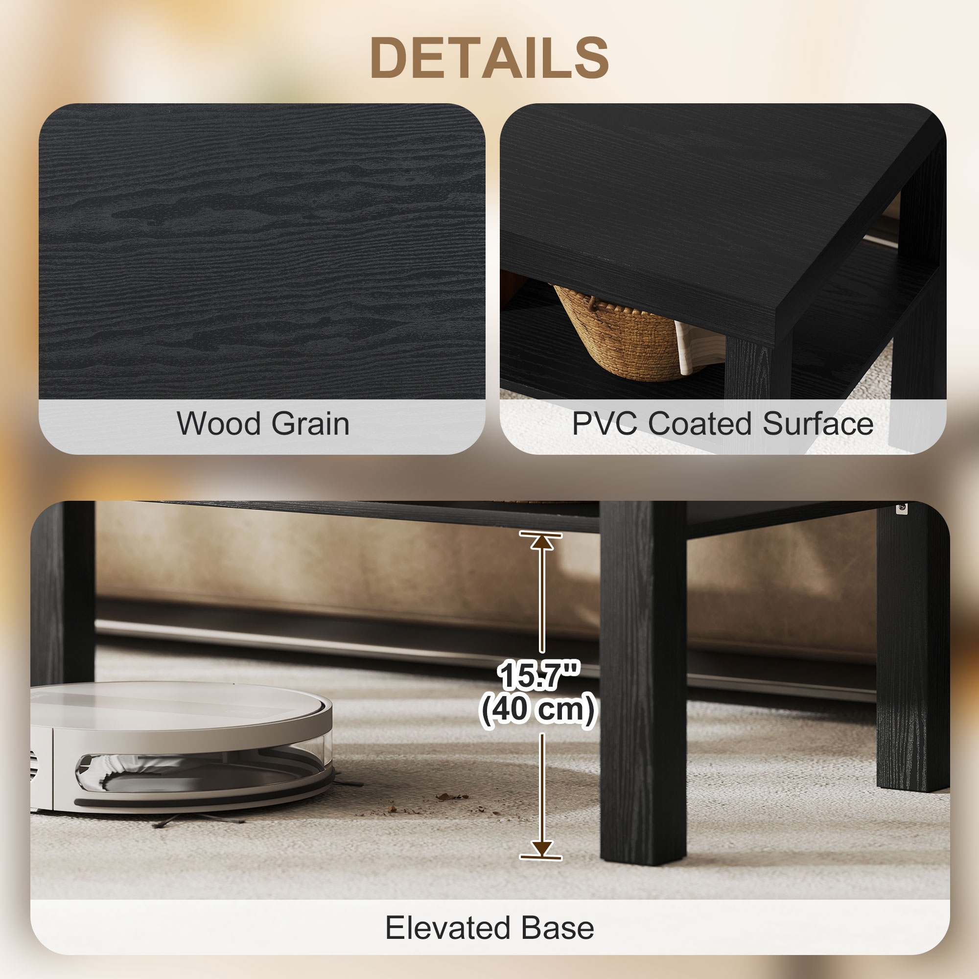 2 Tier Coffee Table, Rectangular Center Table with Storage Shelf for Living Room, Home Office, Black - Image 4