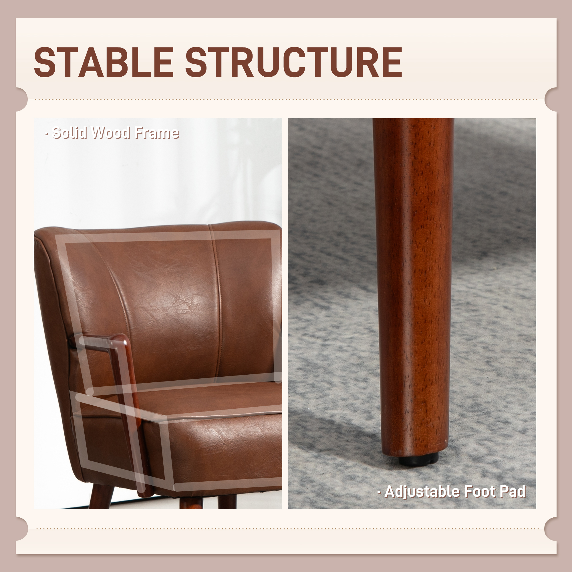 Accent Chair, Modern Armchair, Faux Leather Upholstered Living Room Chair with Wood Legs and Wide Padded Seat, Brown - Image 3