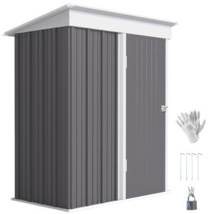 Outdoor Storage Shed, Steel Lean-to Shed with Adjustable Shelf, Lock, Gloves, 5'x3'x6', Grey