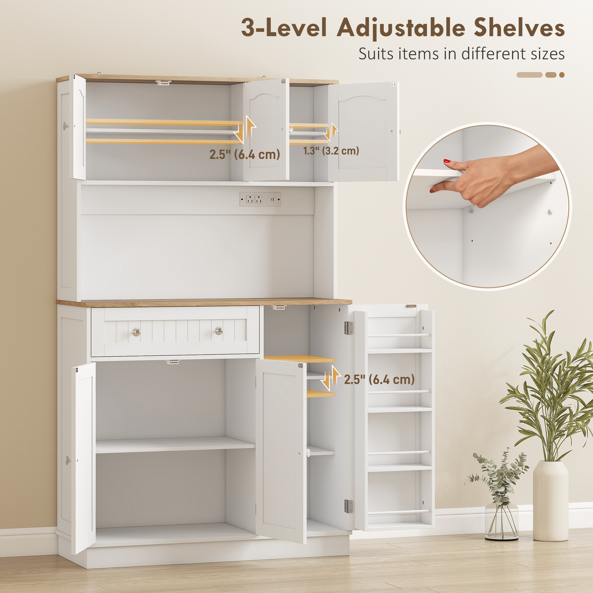 68" Pantry Cabinet with Charging Station, Kitchen Storage Cabinet with Microwave Stand, 4 Door Racks, White - Image 3