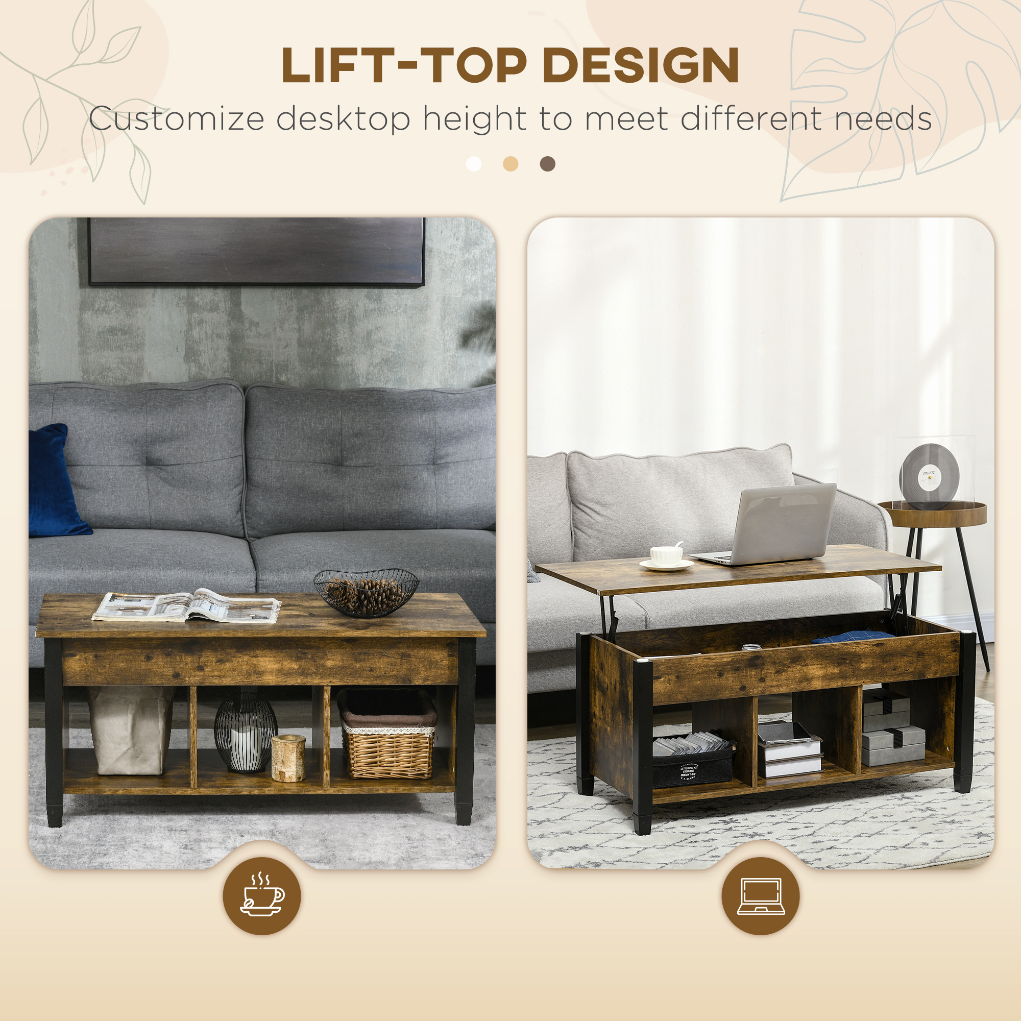 Lift Top Coffee Table, Modern Center Table with Storage Shelves and Hidden Compartment for Living Room, 41" L - Image 2